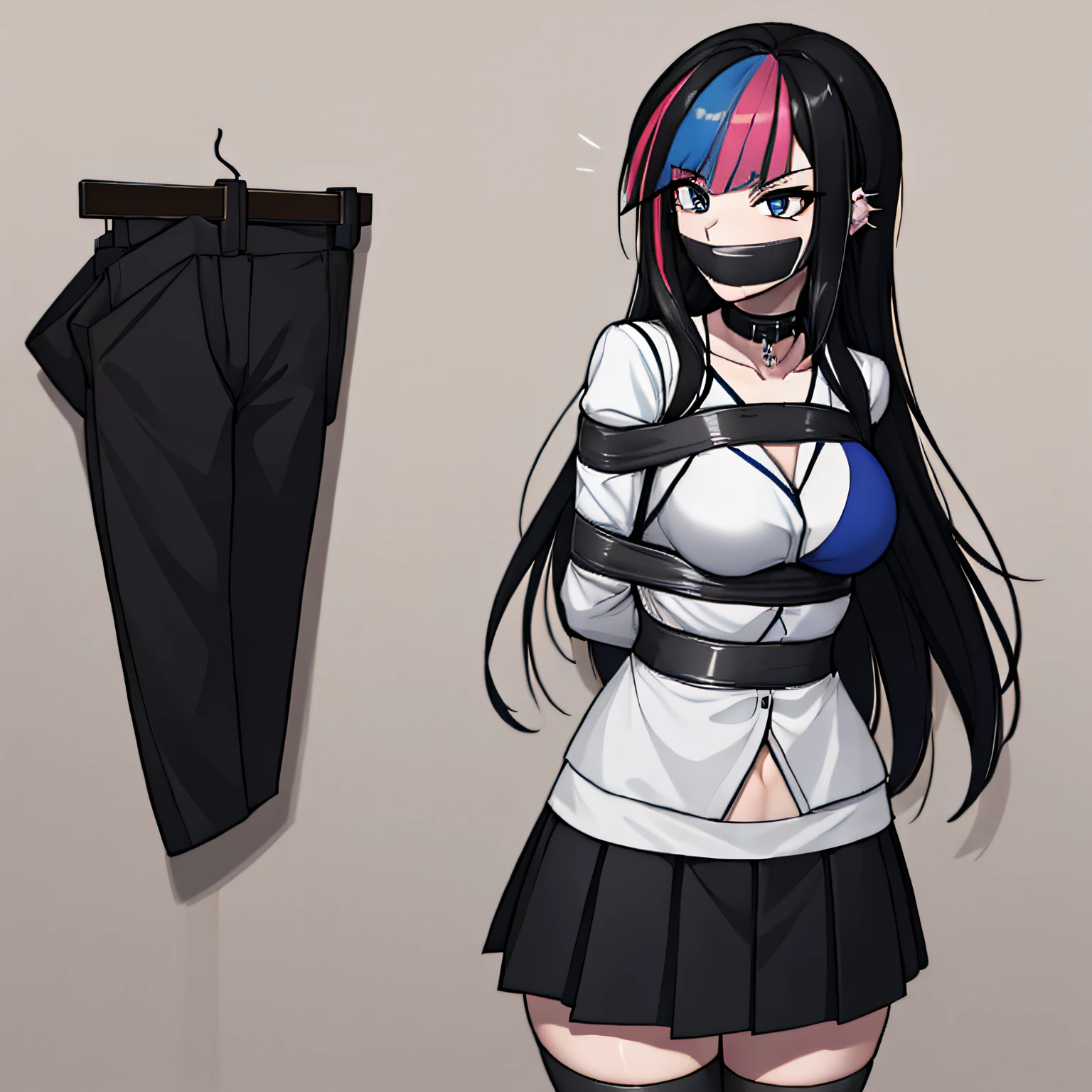 (absurdres, 8k, 4k, masterpiece, hyper extreme detailed:1.2), solo, 1girl, front view, perfect face, 1girl, portrait, expressive eyes, solo, standing, Female, perfect hands, pale skin, friendly, excited, punk rock, Long Hair, Multicolored Hair, black choker, black lipstick, Piercings, Ear Piercings, Nose Piercings, medium Bust, smile, street clothing, half body, perfect anatomy, hands in pockets, graphic t-skirt, anatomically correct, cowboy shot, no background, empty background, arms behind back, covered chest, white background, exposed shoulder, bound, bondage, (arms behind back:1.4), bdsm, tape gag, tape, tape bondage, restrained, tape wrapped, wrap gag, bondage, taped wrists, taped breasts, taped mouth, taped elbows, taped forearms, standing up, 1girl, black hair, shibari, bondage, bdsm, rope, gag, anime, bondage, lora, wearing clothes, clothes, 1girl, solo
