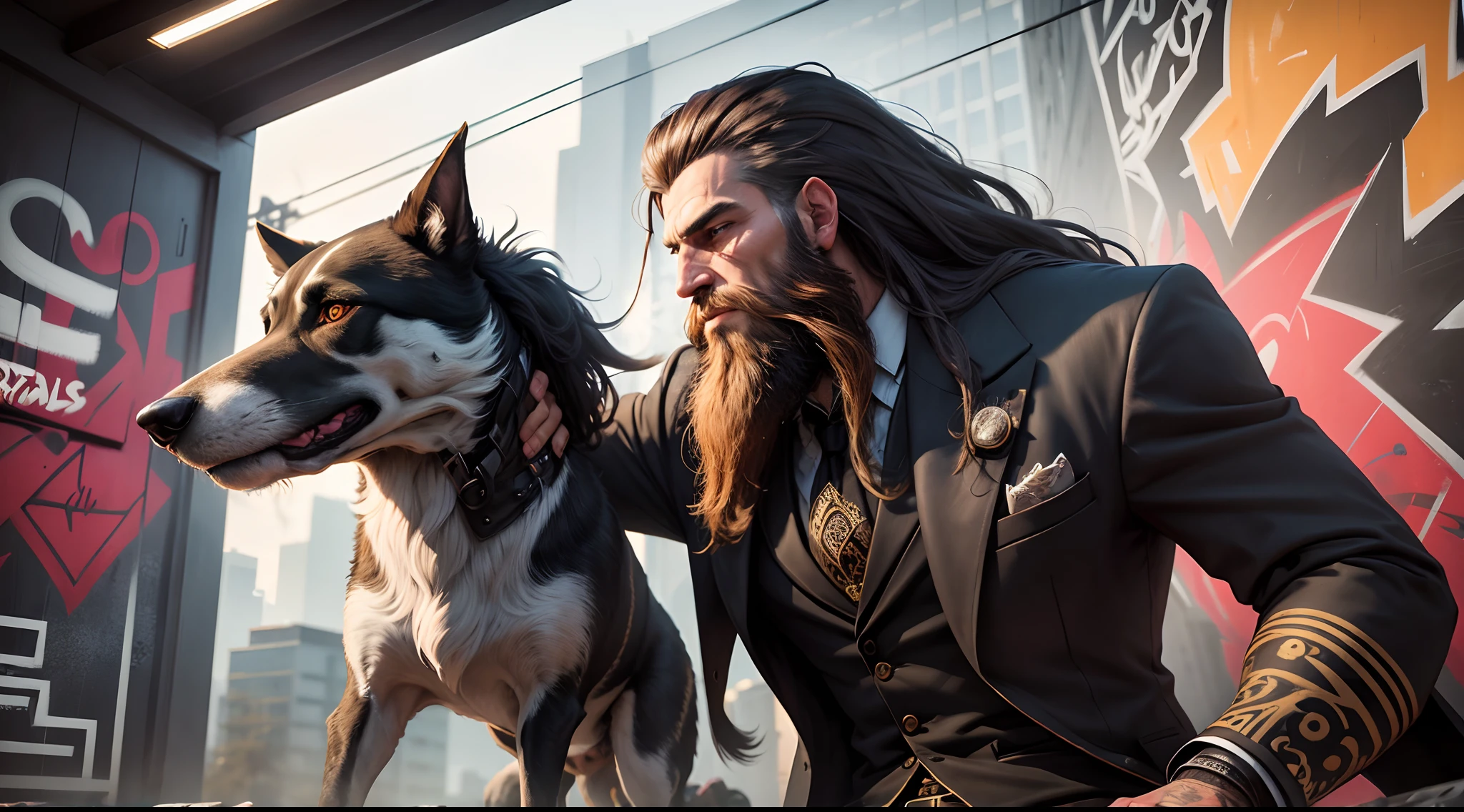 A long beard man with dredlock hair, suit, a dog, graffiti wall, cinematic, full detailed, hyper realistic face, masterpiece, hyper detailed