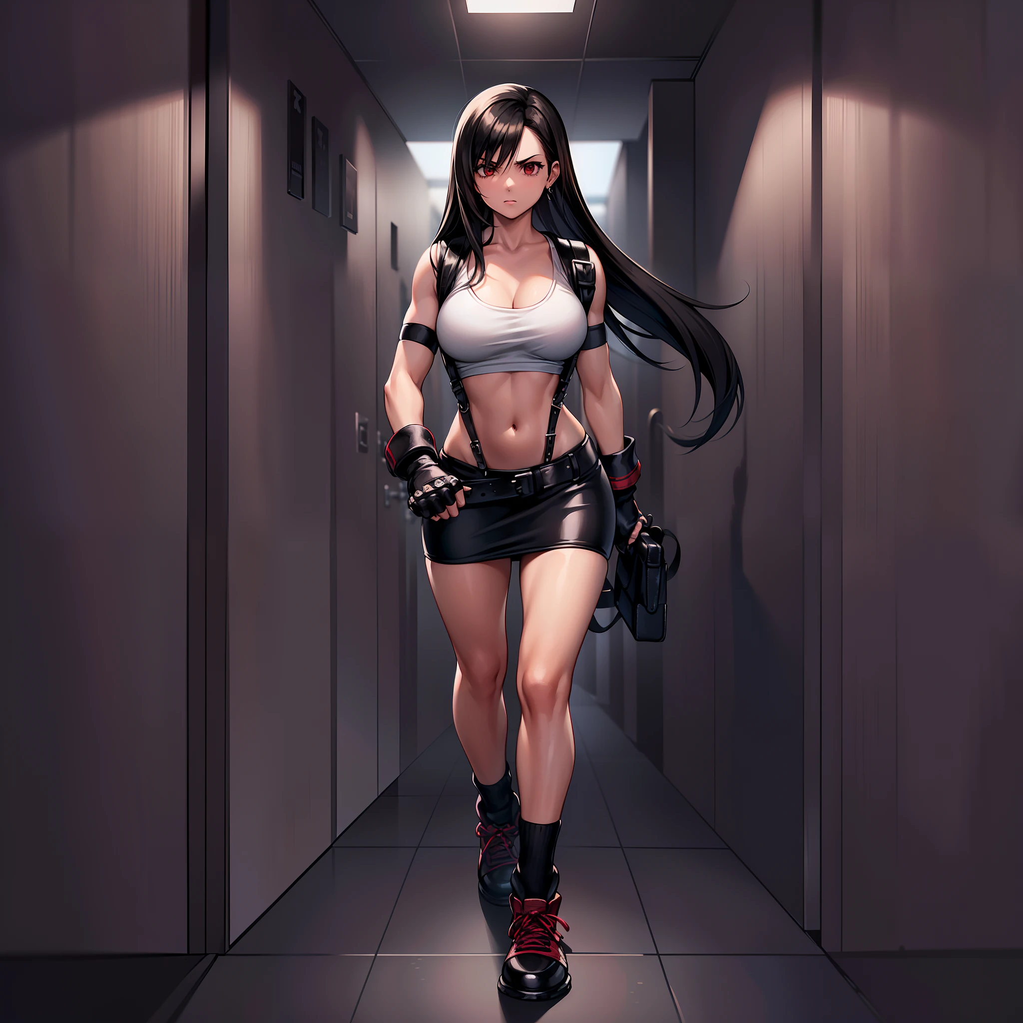 Tifa Lockhart, 1girl, solamente, cara frontal, Front view, (Obra maestra, Super detail, La mejor calidad), (andante), serio, Mirando al espectador, ojos rojos, (Hands clenched into fists), cuerpo delgado, senos Grandes, escote, (Sujetador deportivo blanco), Recorte blanco, (black pencil skirt), (tirantes negros), (Calcetines negros sueltos en el tobillo), (Zapatillas rojas), (Guantes sin dedos), (4dedos y 1pulgares:1.5), (arete), fondo plano, poses aleatorias