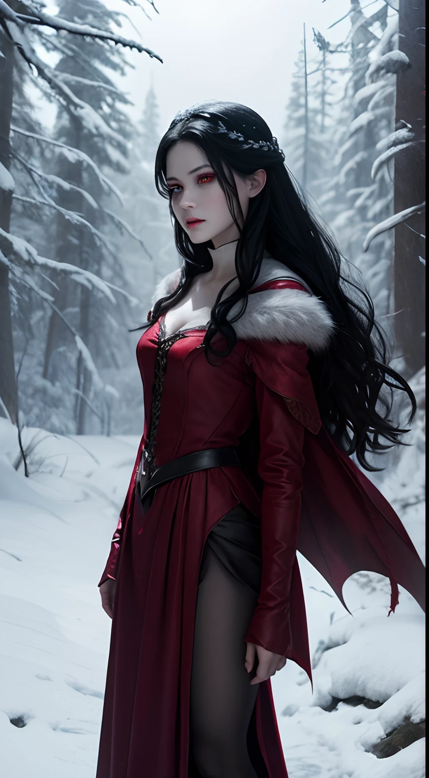 Female attacks in fictional stories、Princess Snow White、Full body、red eyes、Evil look、Realistic Digital, Humanoid、Convoluted, epicd, Dramatic, masutepiece, high detailing, Best Quality, 超A high resolution、Horror movie lighting