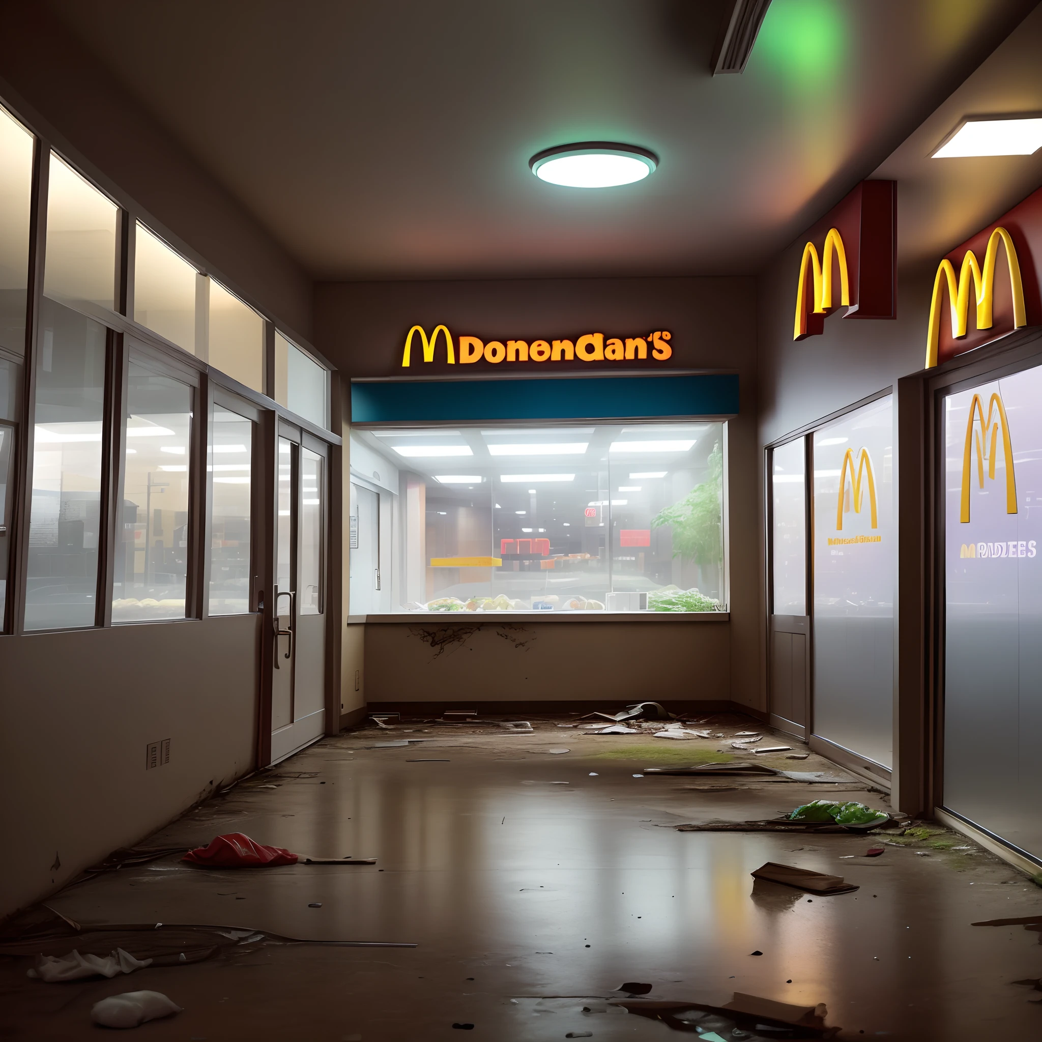 Abandoned McDonalds brightly lit like it was abandoned just now