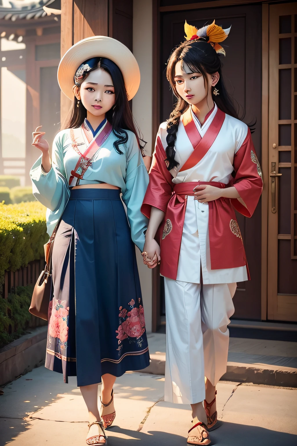 "Generate an image that symbolizes cultural harmony and connection. In the foreground, portray a Korean K-pop idol dressed in a stylish outfit, exuding charisma and charm. Standing beside them, depict an Indian girl dressed in traditional attire, radiating warmth and grace. Show them holding hands, with smiles on their faces, against a backdrop that blends elements from both Korean and Indian cultures. Incorporate vibrant colors, symbols, and motifs that represent the rich heritage of both nations, creating a visual representation of the beauty of cultural diversity and unity."
This prompt emphasizes the idea of cultural exchange and friendship between individuals from different backgrounds, using a Korean K-pop idol and an Indian girl as symbolic representatives. It aims to celebrate the connection between cultures while highlighting the uniqueness and beauty of each