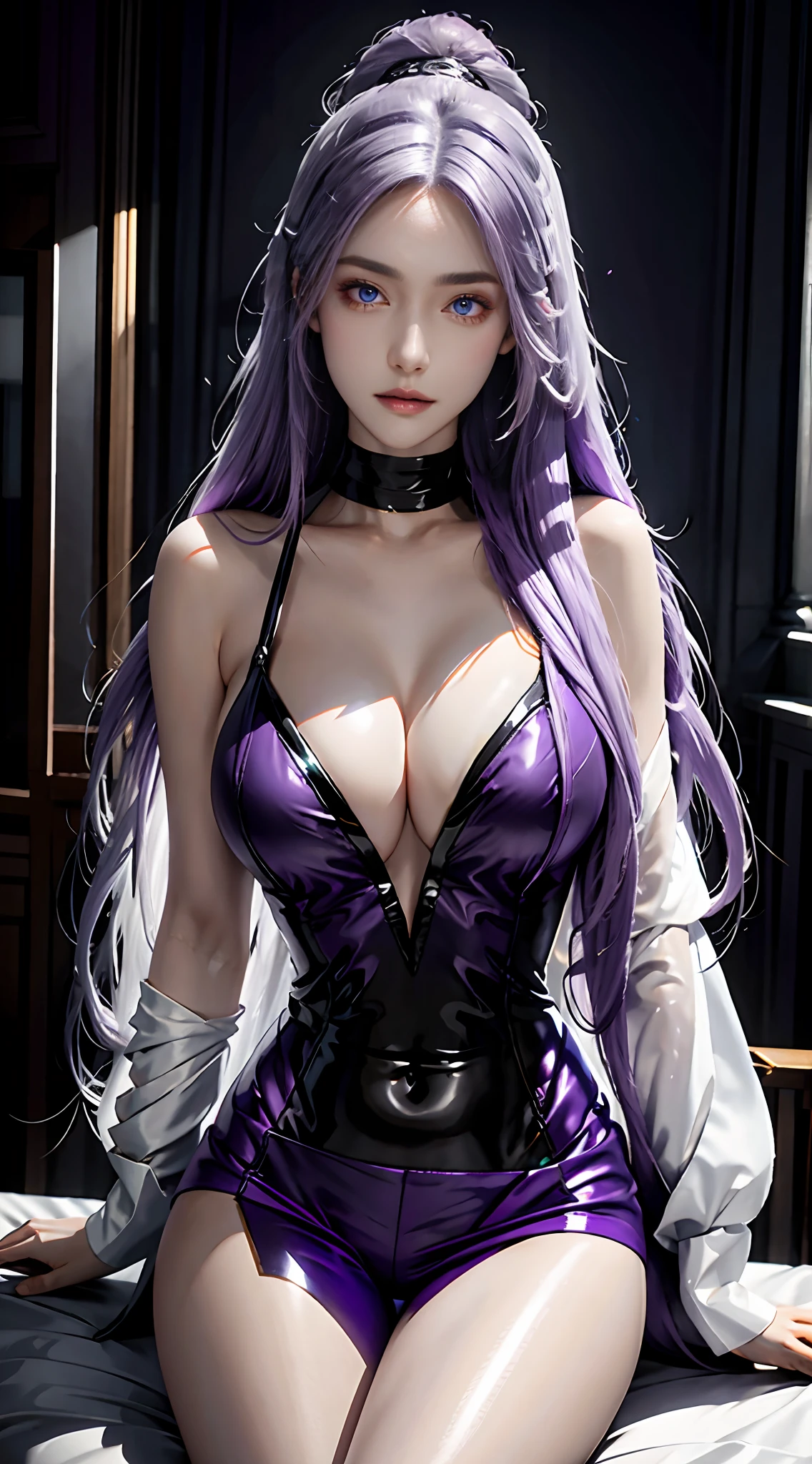 Surrealist portraits of women by David Hockney and Alphonse Mucha,Fantasyart,photographrealistic,Volumetriclighting,Very detailed faces,4 k'',Award-Awarded,,1girll,long whitr hair,Purple hair big breasts,Very long hair,(tmasterpiece,best qualtiy),st louis,High- sharpness,HighestQuali,cinematric light,ultra - detailed,详细的脸,Detailed eyes,best qualtiy,tmasterpiece,详细的脸,higher detailed,glowing light eyes,hight contrast,a color,Big breasts Thin waist,Skin texture,White skin, Purple eyes, Charming purple eyes,Purple eye,black lence stockings,8K, Super detail, ccurate