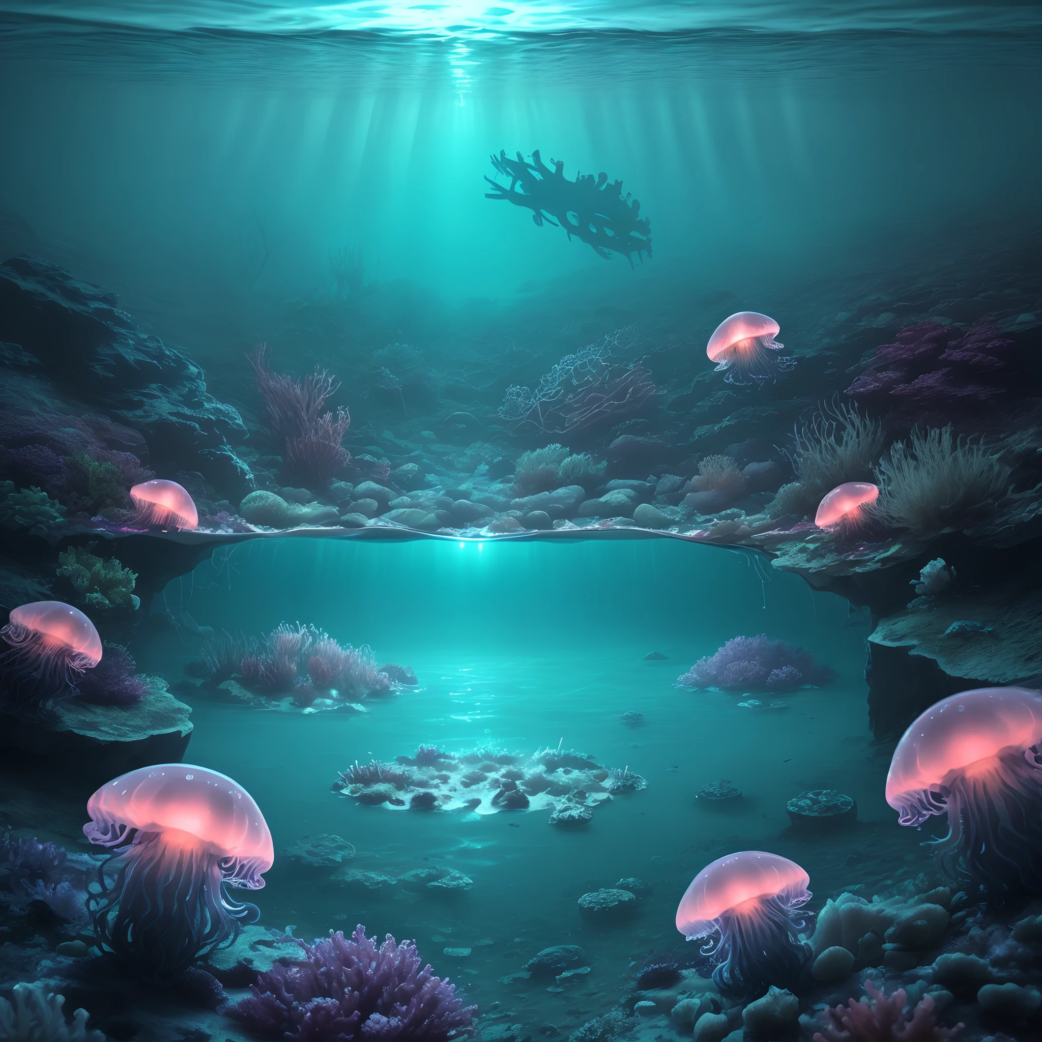 A nightmarish underwater scene, with glowing jellyfish. The water is murky and the seabed is littered with bones and wreckage 64k quality wierdcore ultra hd