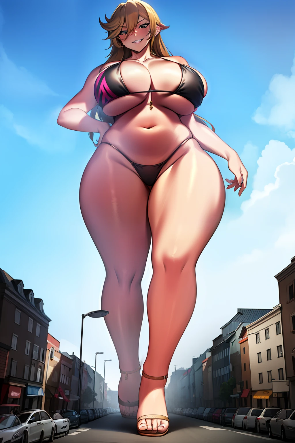 Giantess in a bikini, curvy, busty, grin, evil, thick thighs, stepping, walking, full body shot