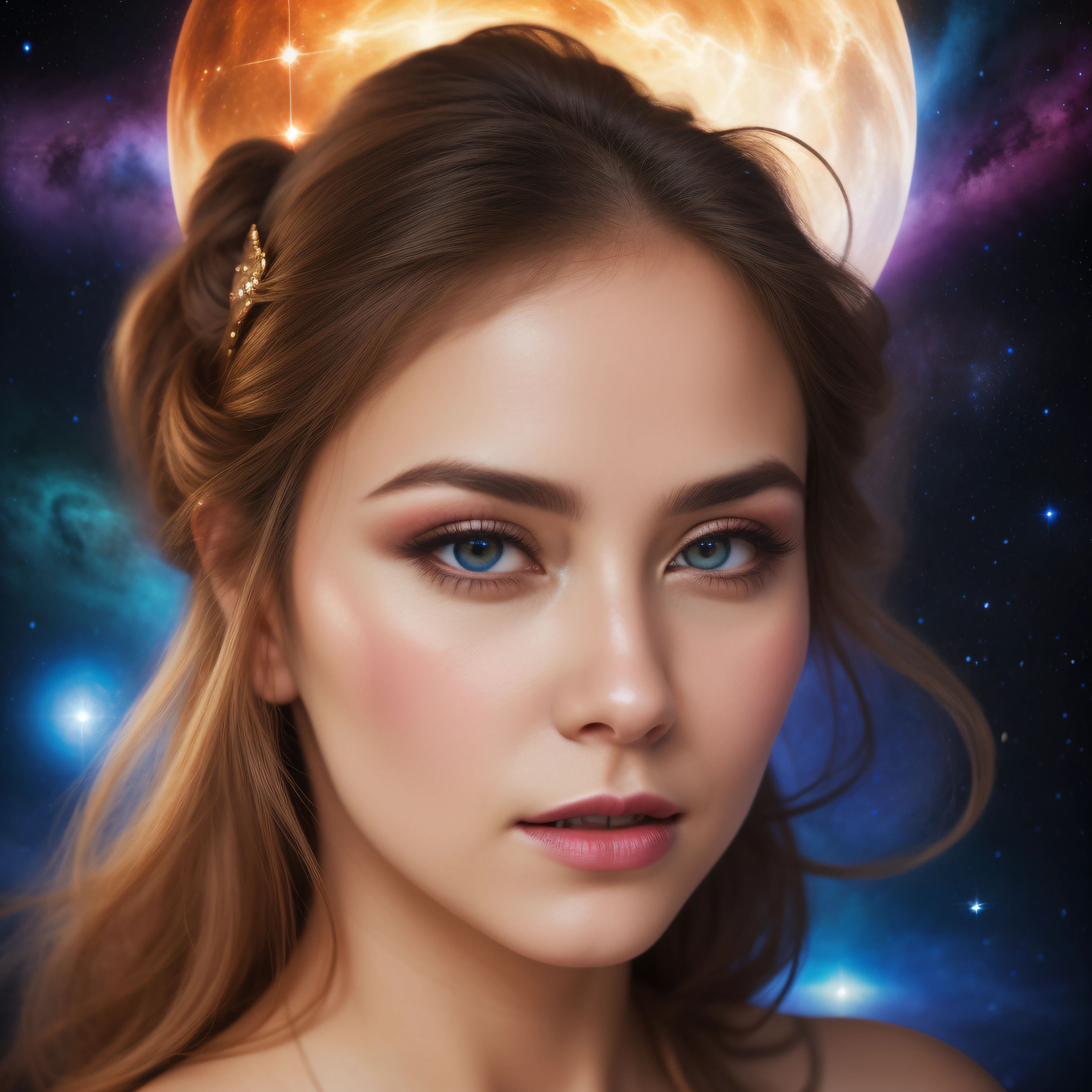 LenaPaul1024, woman embarking on a celestial voyage, mesmerizing image, ultra detailed, realistic beautiful face, ultra realistic reflections, bioluminescence integrated, Utilize advanced rendering techniques to depict a vast and breathtaking cosmic landscape. Show the woman floating gracefully amidst swirling galaxies, radiant stars, and celestial phenomena. Her attire is adorned with intricate constellations, reflecting her connection to the cosmos. The woman's expression exudes a sense of awe and exploration as she navigates through the cosmic expanse. Enhance the image with a celestial color palette, blending deep blues, vibrant purples, and ethereal whites. Incorporate intricate details in the celestial bodies, capturing the interplay of light and energy. Add a sense of depth and dimension by utilizing advanced lighting techniques to create captivating shadows and highlights. To further enhance the cosmic journey, include streaking comets, shimmering nebulae, and distant planets, evoking a sense of wonder and adventure as the woman ventures through the celestial realms. Beautiful face