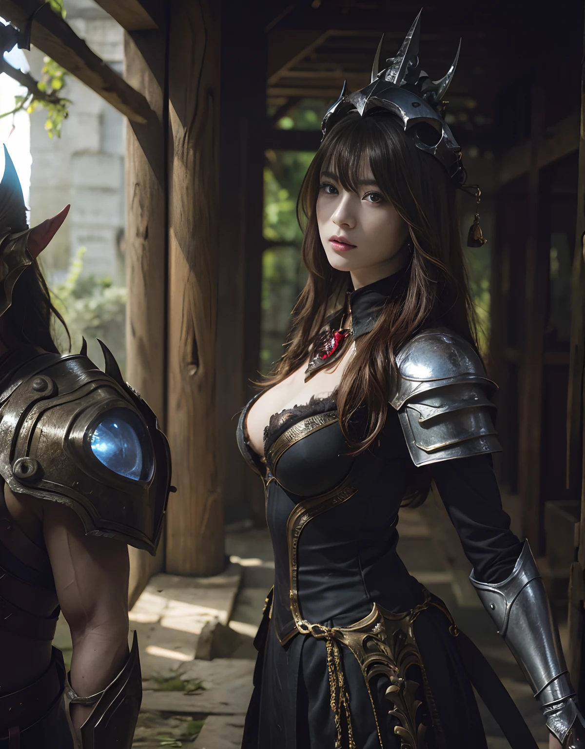 (One Knight Girl)、top-quality、​masterpiece、超A high resolution、(Photorealsitic:1.4)、Raw photo、1人、（Wear the Dark Knight's Armor）、glowy skin、(((Dark Fantasy)))、Fight with beautiful swords and shields、(((Mystical expression))),（Gorgeous gold metal body）、(Fight goblins、ogre、Fierce battle with orcs),（Fighting strong enemies）、Fight fiercely、(Background of decaying dungeon ruins)、（Ultimate Beauty）、（Detailed knight's helmet）、(Fighting Demonic Beasts)、(Wizard Hat)、((super realistic details))、portlate、(Strong giant demon beast background),globalillumination、Shadow、octan render、8K、ultrasharp、Colossal tits、Raw skin is exposed in cleavage、metals、Details of complex ornaments、Japan details、highly intricate detail、Realistic light、(Mystical expression),CGSoation Trends、Red Eyes、radiant eyes、Facing the camera)、Gundam、Small LED、Toostock、（Background of the mutation）、（Attack of the Monster Beasts）、Ultimate Beauty、beautiful female knight、Wear colorful armor、Detailed sword、（Wearing legendary armor）、
