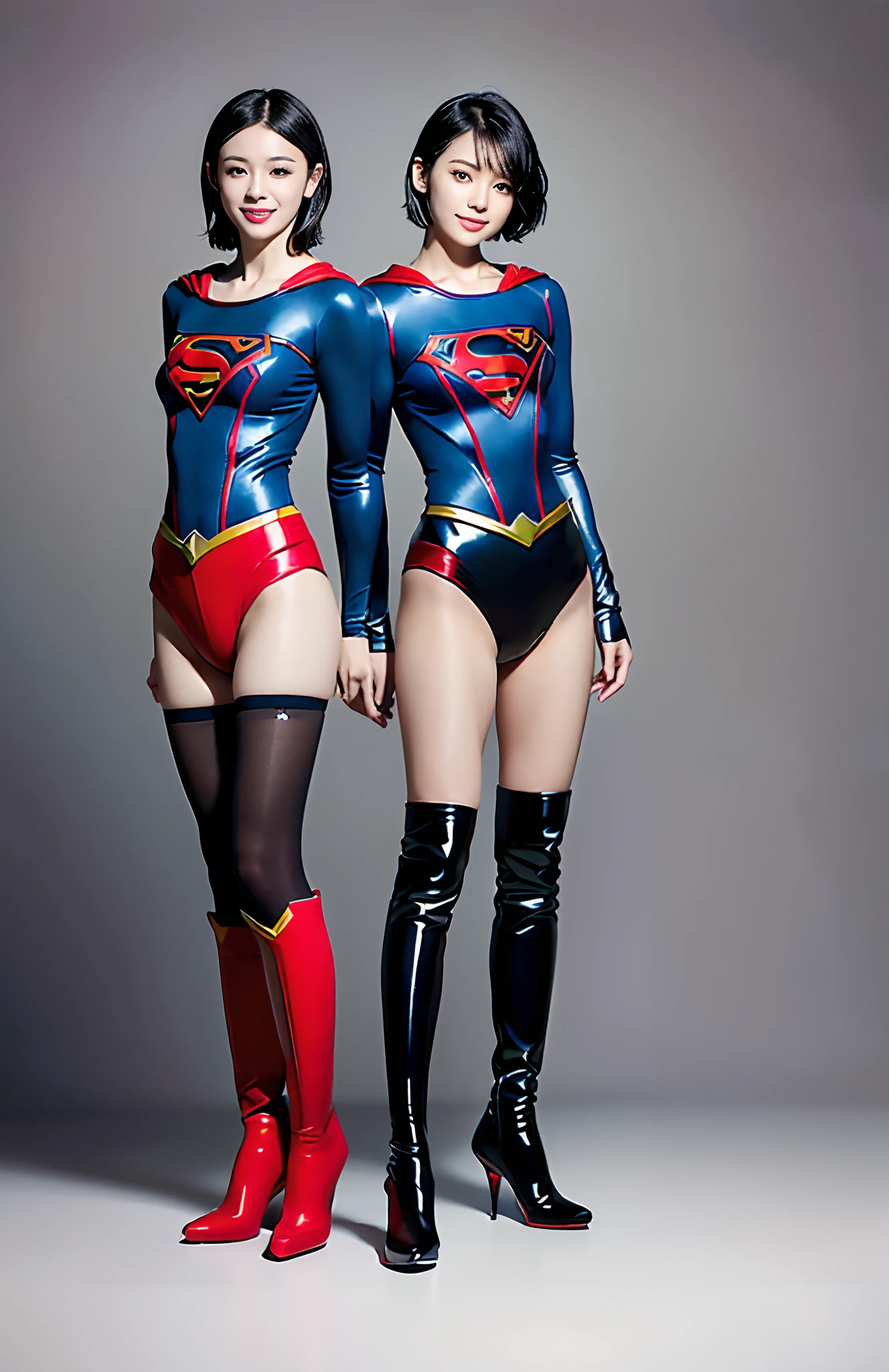 Be sure to wear black tights、(((Make the most of the original image)))、(((Supergirl Costume)))、(((shiny short hair)))、(((Suffering)))、(((Feet must necessarily be worn with black tights)))、(((Smile)))、(((You need to wear red boots)))、((Top image quality、8K))、((top-quality、8K、​masterpiece:1.3))、(((Keep your background simple)))、Crisp focus:1.2、Beautiful woman with perfect body shape:1.4、Slender Abs:1.2、a wet body:1.5、Highly detailed facial and skin texture、