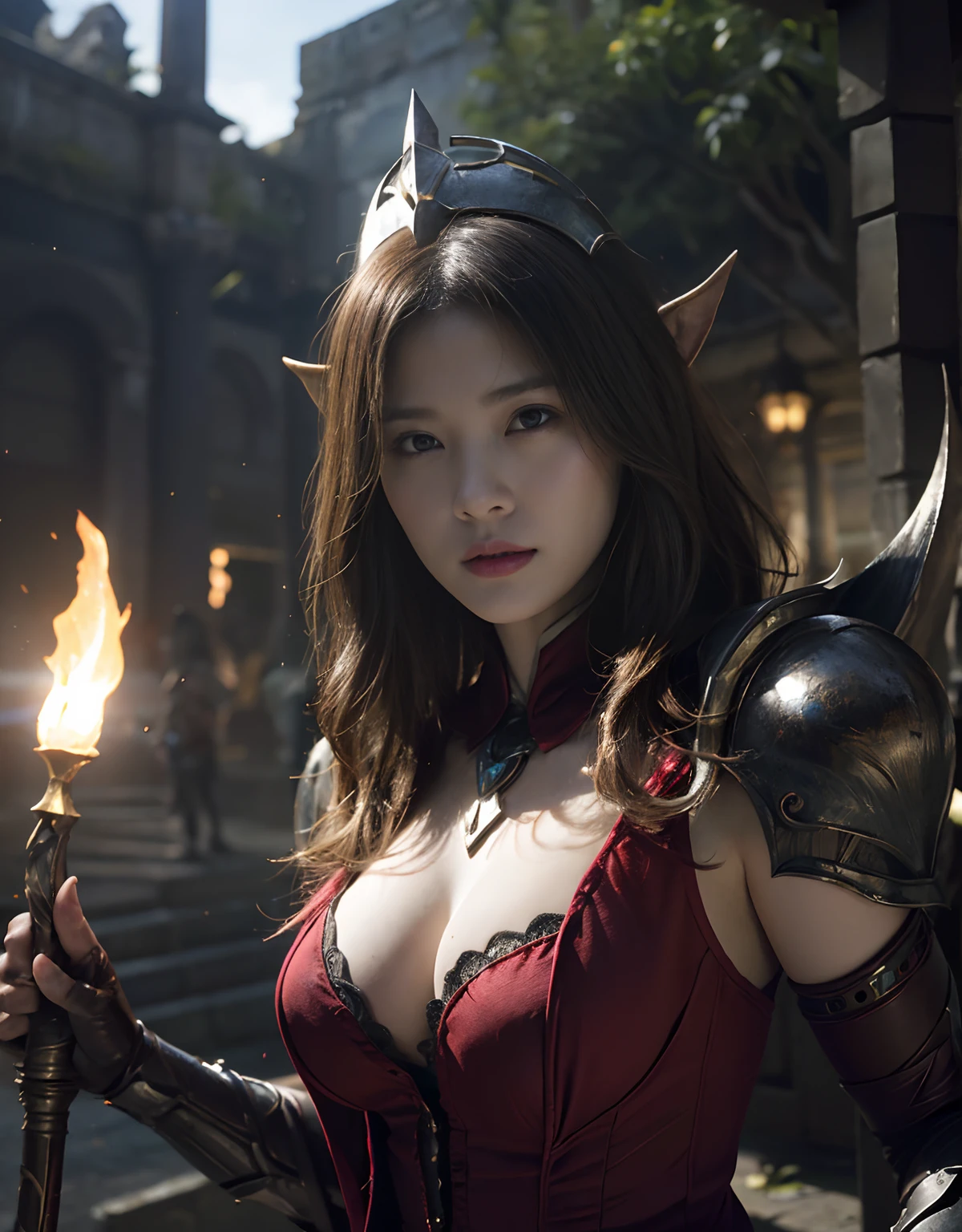 (One Knight Girl)、top-quality、masterpiece、超A high resolution、(Photorealsitic:1.4)、Raw photo、1人、(Wear the Dark Knight's Armor)、glowy skin、(((Dark Fantasy)))、Fight with beautiful swords and shields、(((Mystical expression))),(Gorgeous gold metal body)、(Fight goblins、ogre、Fierce battle with orcs),(Fighting strong enemies)、Fight fiercely、(Background of decaying dungeon ruins)、(Ultimate Beauty)、(Detailed knight's helmet)、(Fighting Demonic Beasts)、(Wizard Hat)、((super realistic details))、portlate、(Strong giant demon beast background),globalillumination、Shadow、octan render、8K、ultrasharp、Colossal tits、Raw skin is exposed in cleavage、metals、Details of complex ornaments、Japan details、highly intricate detail、Realistic light、(Mystical expression),CGSoation Trends、Red Eyes、radiant eyes、Facing the camera)、Gundam、Small LED、Toostock、(Background of the mutation)、(Attack of the Monster Beasts)、Ultimate Beauty、beautiful female knight、Wear colorful armor、Detailed sword、(Wearing legendary armor)、