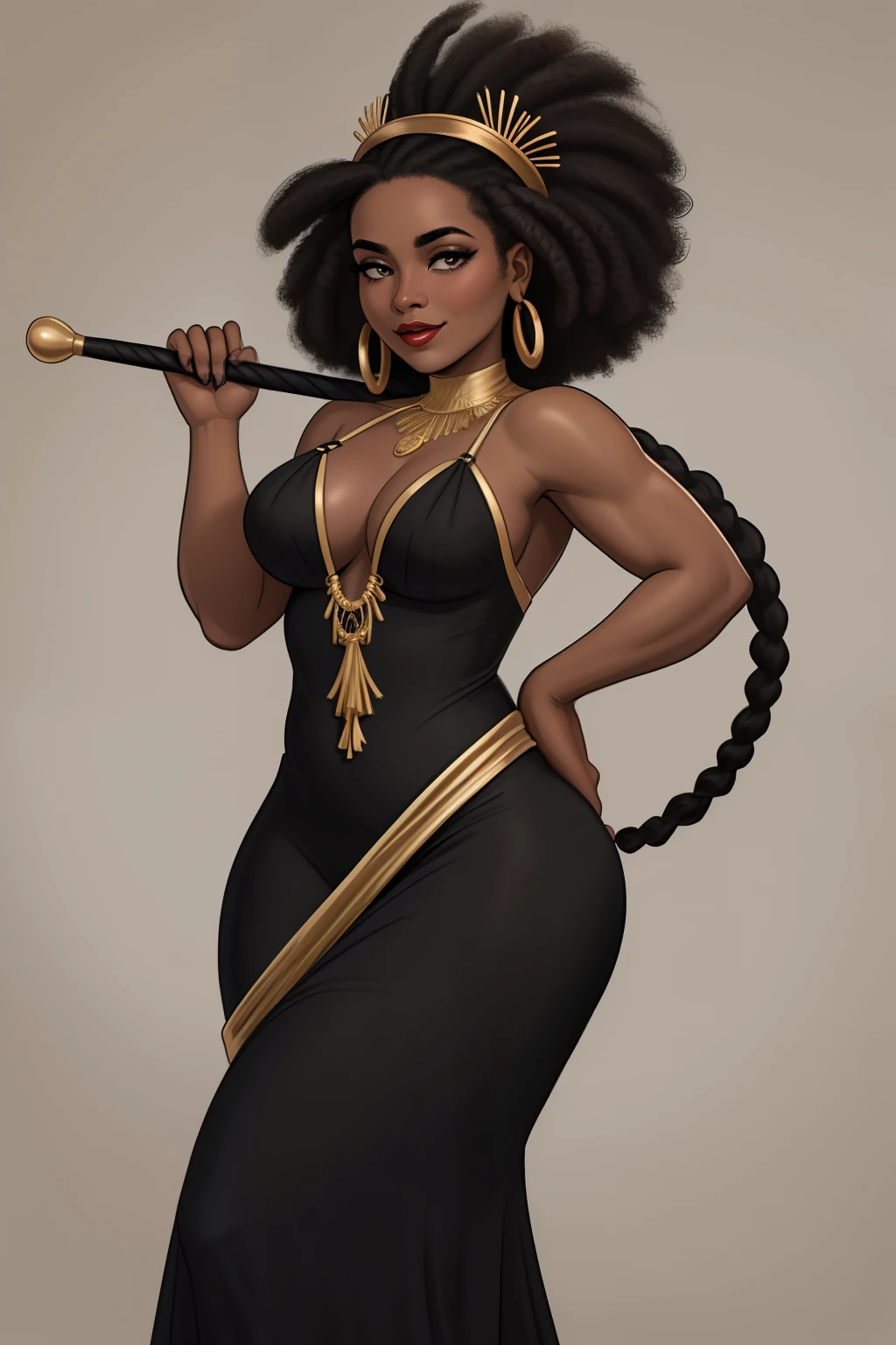 Mulher de  uma mulher negra, mulata, morena,  imagem de ,corpo inteiro, cabelo afro caindo para a frente, Rasta type but braided,    Araffe in a flappper suit holding a wand and wearing a headband, melindrosa, Anos 20, fantasia, Traje de alta qualidade, rugindo vinte anos, 1920s vibes, 1 9 2 0 s estilo pano, Era do Jazz, saia preta curta, 1 9 2 0 s estilo, Estilo dos anos 1920