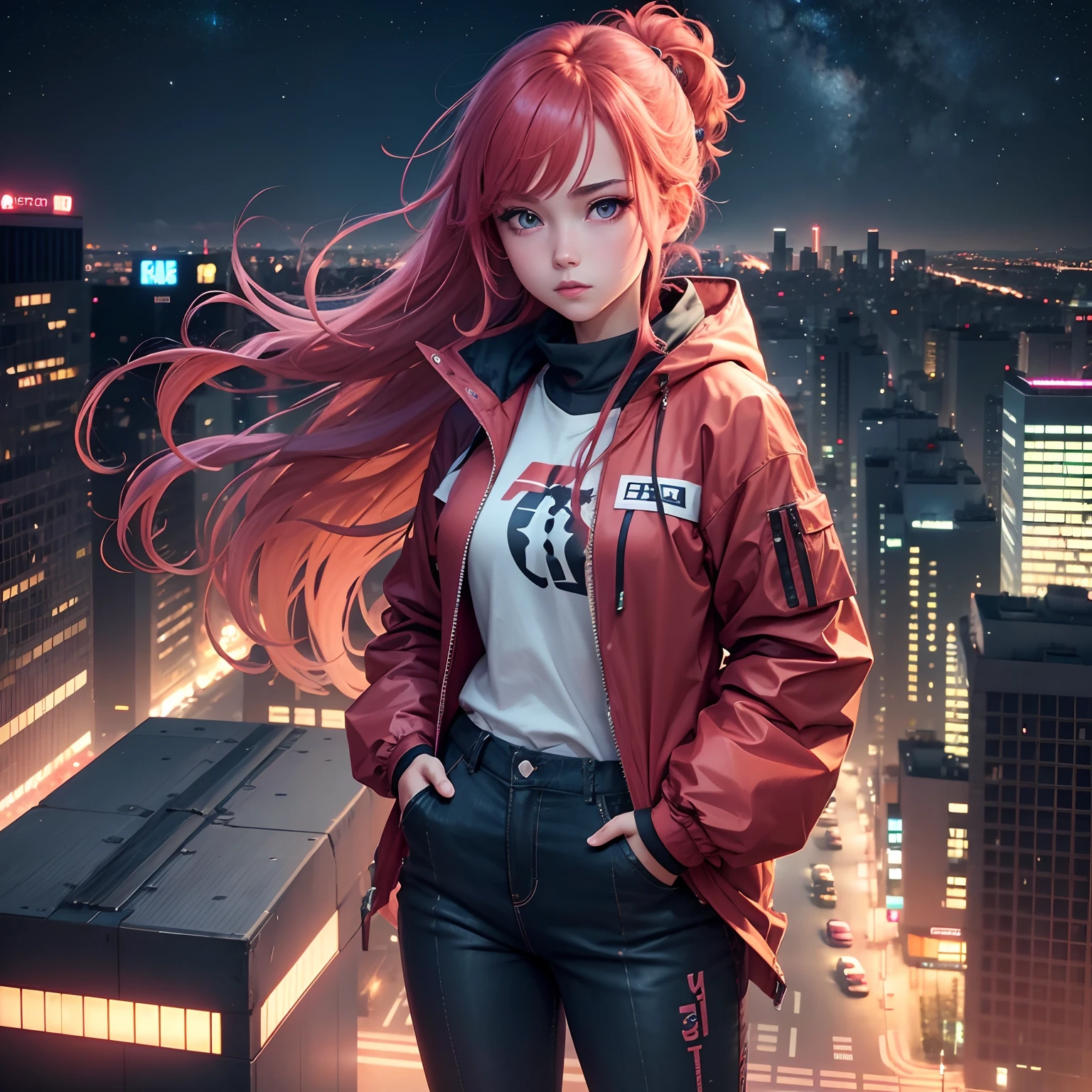 (Best Quality,4k,8K,hight resolution:1.2),Ultra-detailed, A  girl, Vermilion hair, Scarlet hair, fluttering in the wind, Without bangs, looks into the distance, bright blue eyes, long eyelashes, Anime style,Full-length view, distant view, Standing aside, hands in pocket,pants,Stylish clothes,sports clothing,Wide windbreaker,Neon Tokyo,View from the roof, View from a high-rise building, roof, urban landscape,night  sky,Stars, Brilliance, contrast lighting
