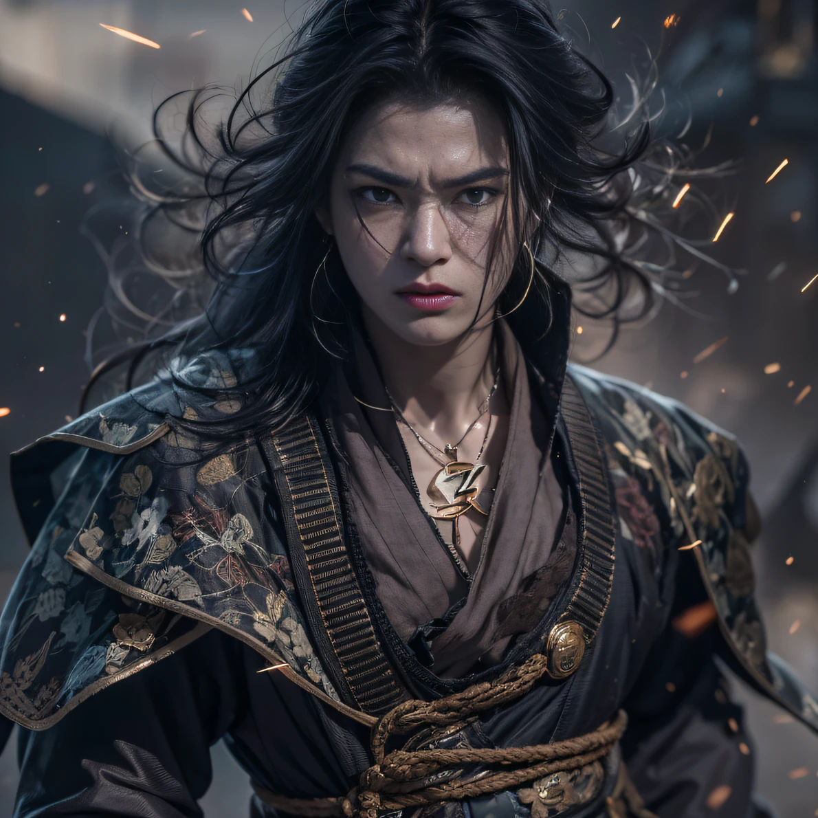 Face away from the camera(废墟)eyes filled with angry,He clenched his fists,Rush up,Deliver a fatal blow to your opponent,full bodyesbian,Full Body Male Mage 32K(tmasterpiece,k hd,hyper HD,32K)Long flowing black hair,Campsite size,zydink, a color, patriot (废墟), (Linen batik scarf), Angry fighting stance, looking at the ground, Batik linen bandana, Chinese camellia pattern long sleeve garment, (Abstract propylene splash:1.2), Dark clouds lightning background,Flour flies(realisticlying:1.4),Black color hair,Flour fluttering,Background fog, A high resolution, the detail, RAW photogr,Telephoto miniaturization, Sharp Re, Nikon D850 Film Stock Photo by Jefferies Lee 4 Kodak Portra 400 Camera F1.6 shots, Rich colors, ultra-realistic vivid textures, Dramatic lighting, Unreal Engine Art Station Trend, cinestir 800,Flowing black hair,(((Male mage))),The male mage was furious,
