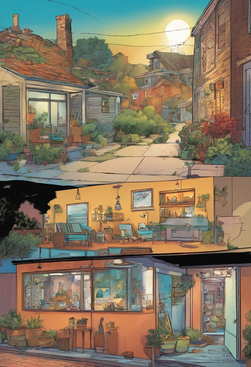 American comics, the comic story is presented in multiple irregular panels with color. The American Shorthair cat goes through hardships while running away from home and then reunites with its owner. The style is exaggerated and detailed