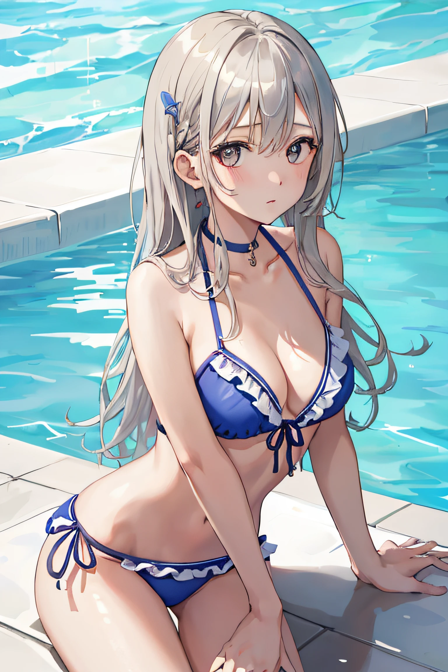 1girl in, (masutepiece:1.1), (Best Quality:1.1), The bikini、(in poolside :1.1), Cowboy Shots, silber hair, length hair, , verd s eyes, sideways Facing,