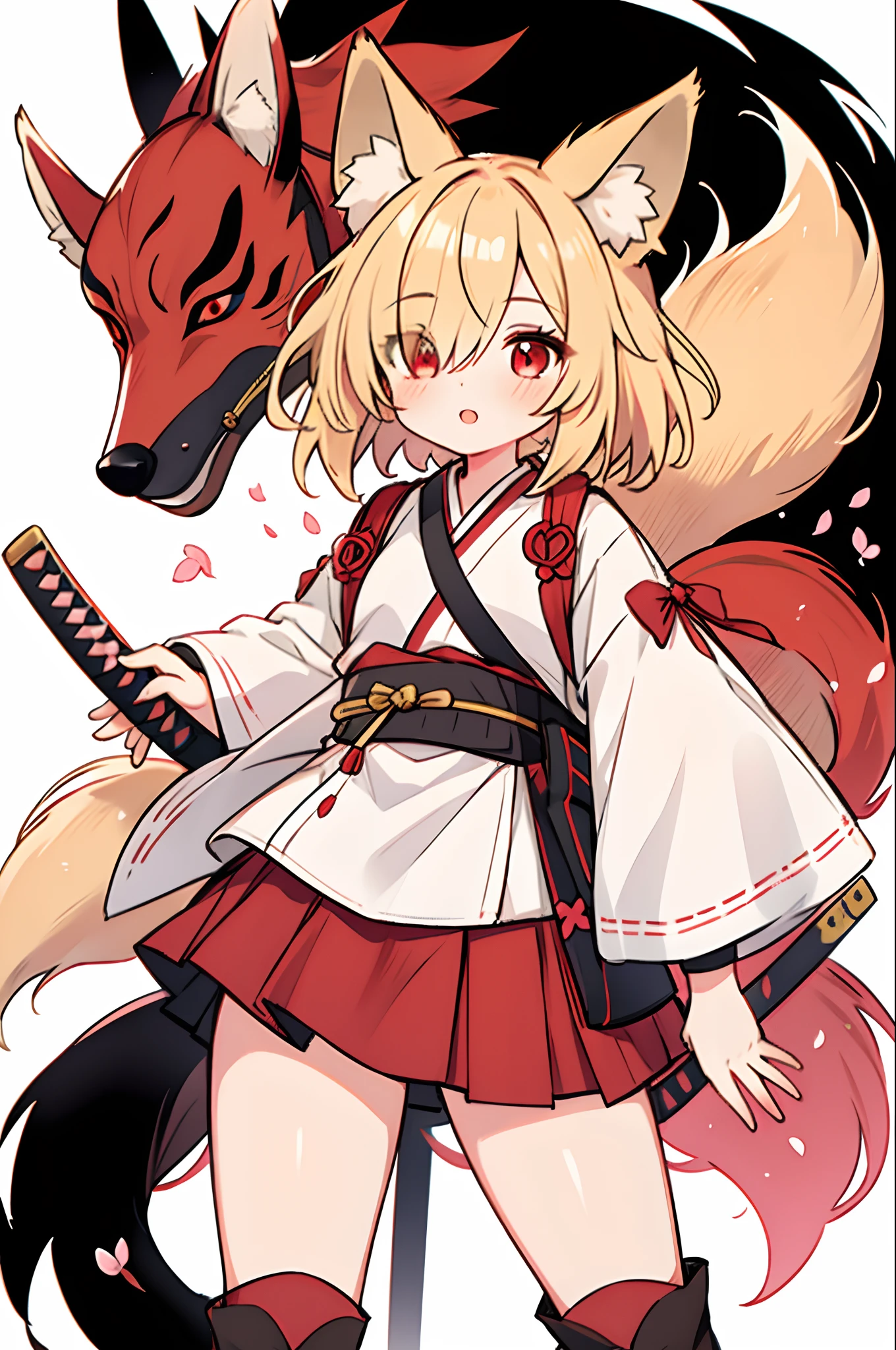 1girl in, Blonde hair, Fox ears, Fox Mask, katanas, Short hair, Miniskirt, Box, [(White background:1.5):::5], Simple background, Red Eyes, stairs, cherryblossom, Fox tail, covered one eye, frilld,