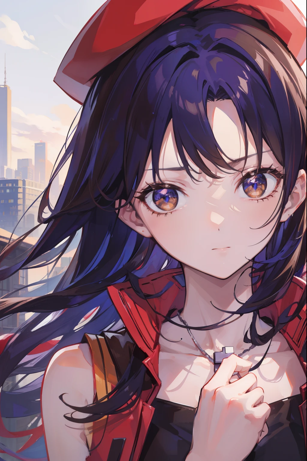 misatokatsuragi, misato katsuragi, long hair, (brown eyes:1.5), blue hair, purple hair,
BREAK hat, dress, bare shoulders, jewelry, jacket, earrings, open clothes, sleeveless, necklace, black dress, open jacket, sleeveless dress, beret, short dress, cross, red headwear, red jacket, cross necklace,
BREAK looking at viewer,
BREAK outdoors, city,
BREAK (masterpiece:1.2), best quality, high resolution, unity 8k wallpaper, (illustration:0.8), (beautiful detailed eyes:1.6), extremely detailed face, perfect lighting, extremely detailed CG, (perfect hands, perfect anatomy),