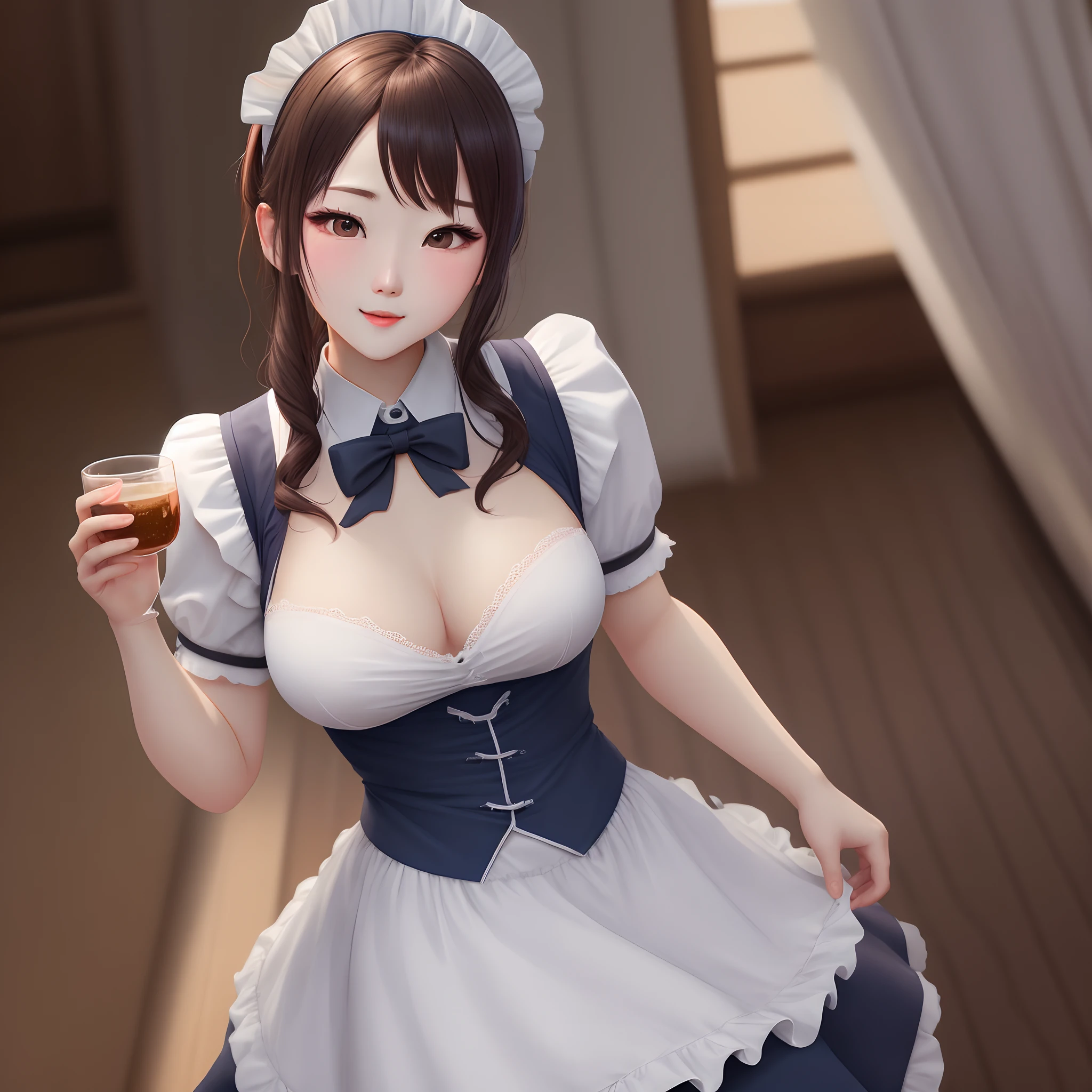 (Photorealistic:1.8, highest quality:1.8,8K masterpiece:1.8,High resolution,Mastepiece:1.8,RAW Photos,Cinematic lighting、lighting from behind),No split screen、morning、maid Cafe、（1 female shop assistant)、(Soryu Asuka Langley)、（choker、Medium chest、Black maid outfit、mini skirt、Wide open chest、Beautiful thighs、Plump nipples）、Bust Shot、
(Beautiful, shining red, blue, white, brown, silver and black hair:1.5)、Sparkling Blue Eyes、Beautiful lip、 Realistic:1.3、Open mouth smiling、looks fun、holding a coffee cup、Random Pause