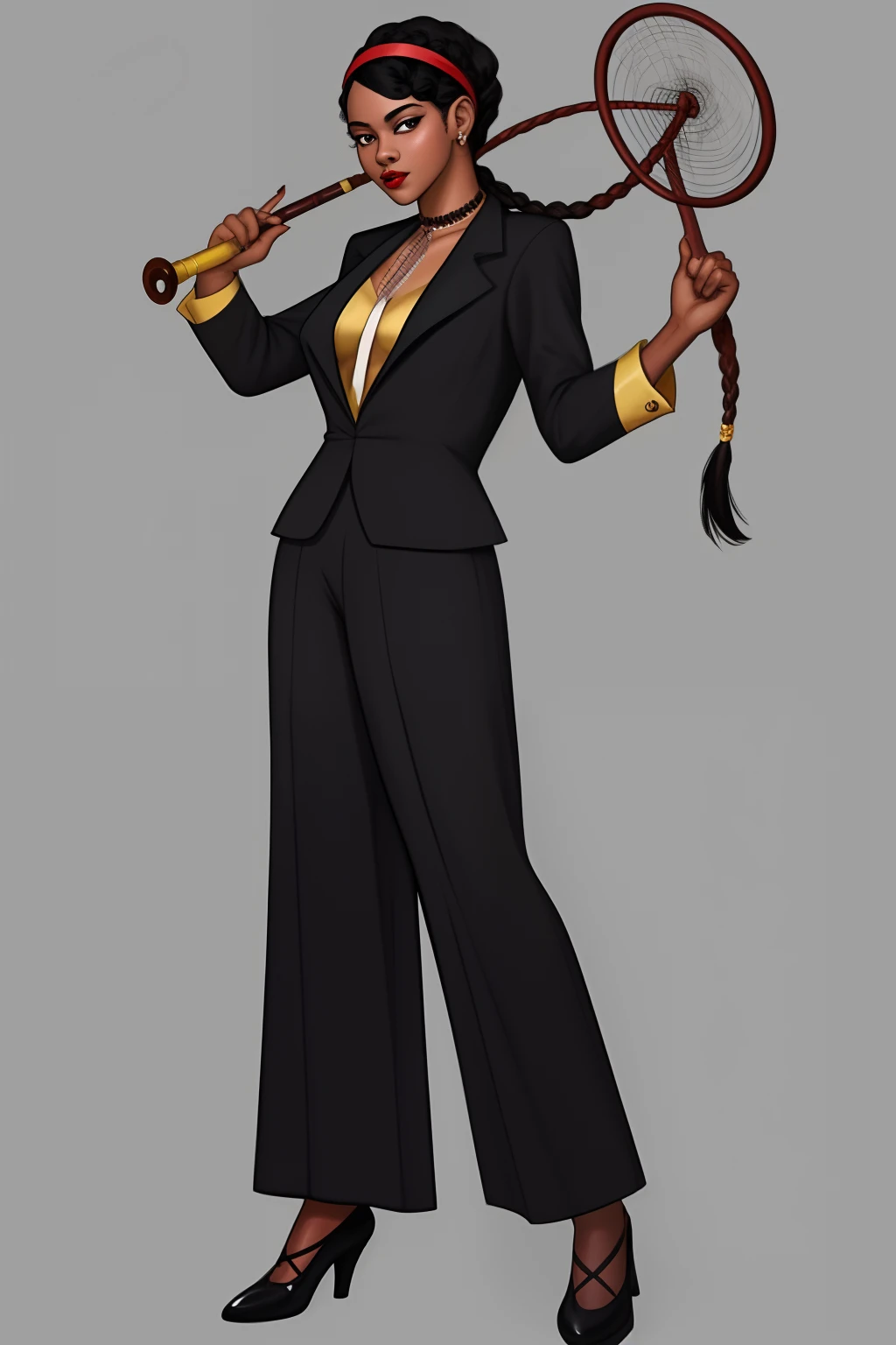 Mulher de uma mulher negra, mulata, Morena, imagem de ,corpo inteiro, cabelo afro caindo para a frente, Rasta type but braided, Araffe in a flappper suit holding a wand and wearing a headband, melindrosa, Anos 20, fantasia, Traje de alta qualidade, rugindo vinte anos, 1920s vibes, 1 9 2 0 s estilo pano, Era do Jazz, saia preta curta, 1 9 2 0 s estilo, Estilo dos anos 1920