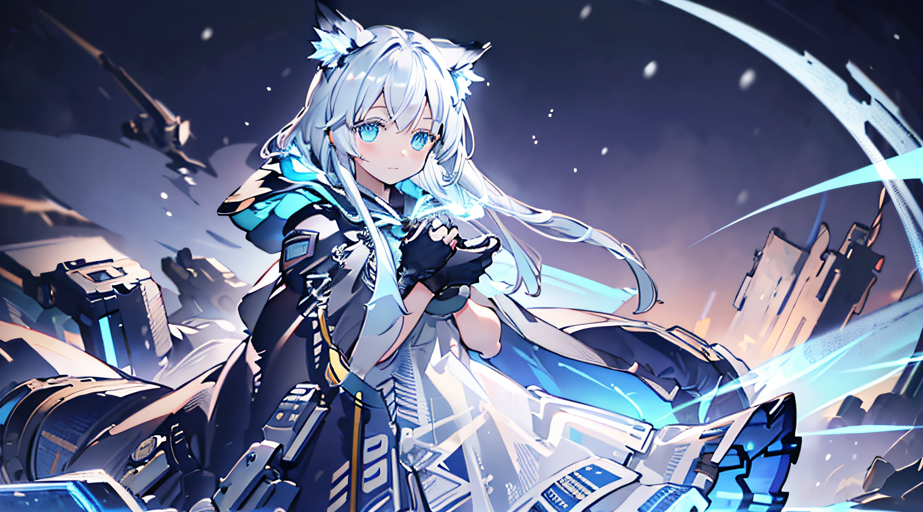 ultra detailed, (best-quality:0.8), (best-quality:0.8), perfect anime illustration, Create a wallpaper depicting the character named Rosmontis from Arknight wearing a jacket, gazing at falling snowflakes. Design this wallpaper with a light blue color theme, depicting a snowy night. Show Rosmontis in a candid expression, with her hands held out, eagerly waiting for the snow to fall. hair with white glow, and eye with light blue glow