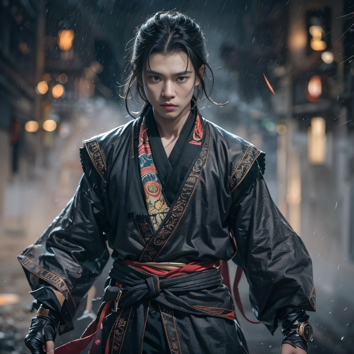Face away from the camera(废墟)eyes filled with angry,He clenched his fists,Rush up,Deliver a fatal blow to your opponent,full bodyesbian,Full Body Male Mage 32K(tmasterpiece,k hd,hyper HD,32K)Long flowing black hair,Campsite size,zydink, a color, patriot (废墟), (Linen batik scarf), Angry fighting stance, looking at the ground, Batik linen bandana, Chinese camellia pattern long sleeve garment, (Abstract propylene splash:1.2), Dark clouds lightning background,Flour flies(realisticlying:1.4),Black color hair,Flour fluttering,Background fog, A high resolution, the detail, RAW photogr,Telephoto miniaturization, Sharp Re, Nikon D850 Film Stock Photo by Jefferies Lee 4 Kodak Portra 400 Camera F1.6 shots, Rich colors, ultra-realistic vivid textures, Dramatic lighting, Unreal Engine Art Station Trend, cinestir 800,Flowing black hair,(((Male mage))),The male mage was furious,