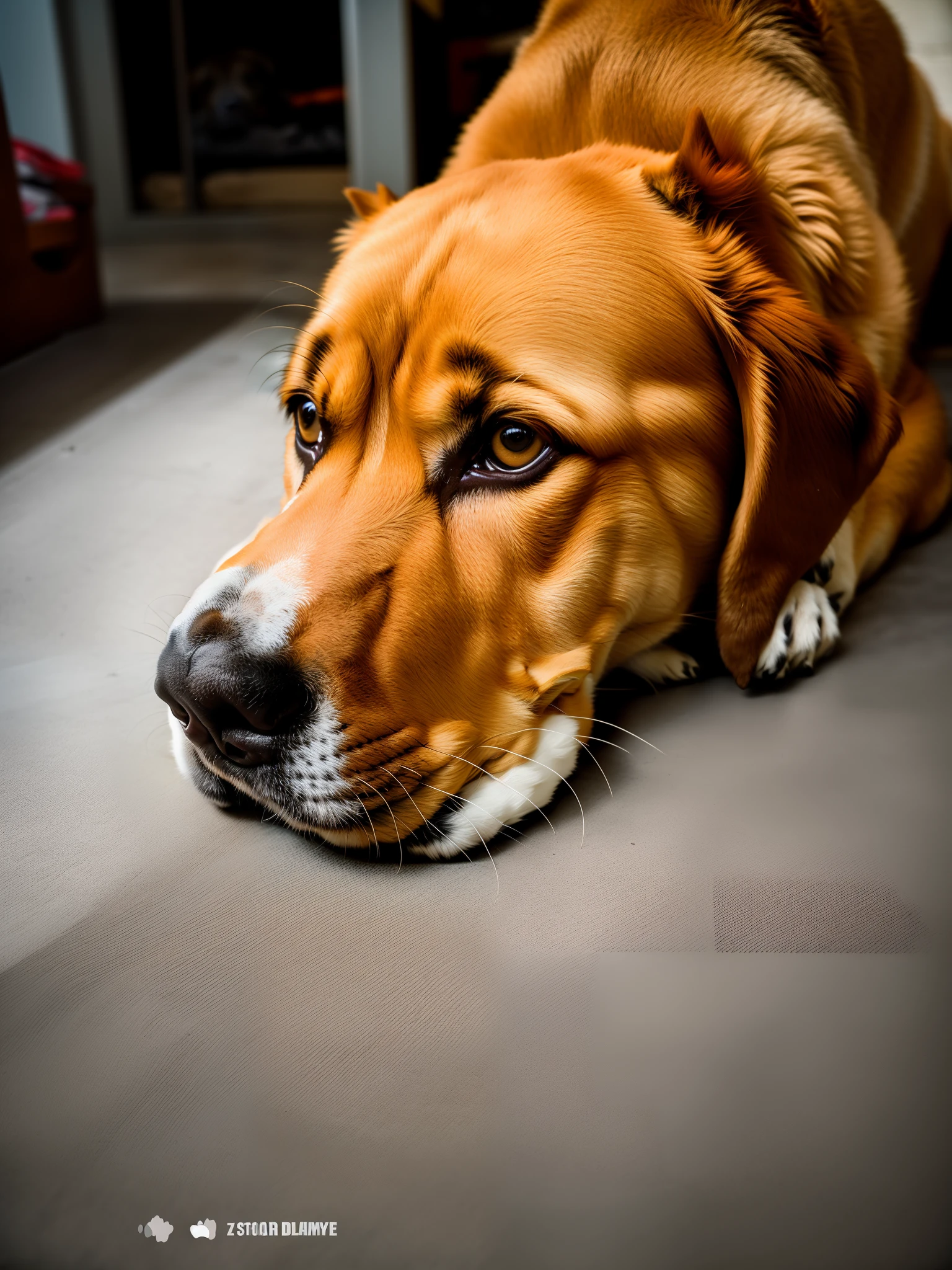 there is a dog that is laying down on the floor, resting on a tough day, with a sad expression, looking tired, looking exhausted, resting after a hard fight, taken with sony alpha 9, taken with sony a7r camera, sad look, she has tired eyes, years old, tired appearance, deep in thought, tired face, tired expression