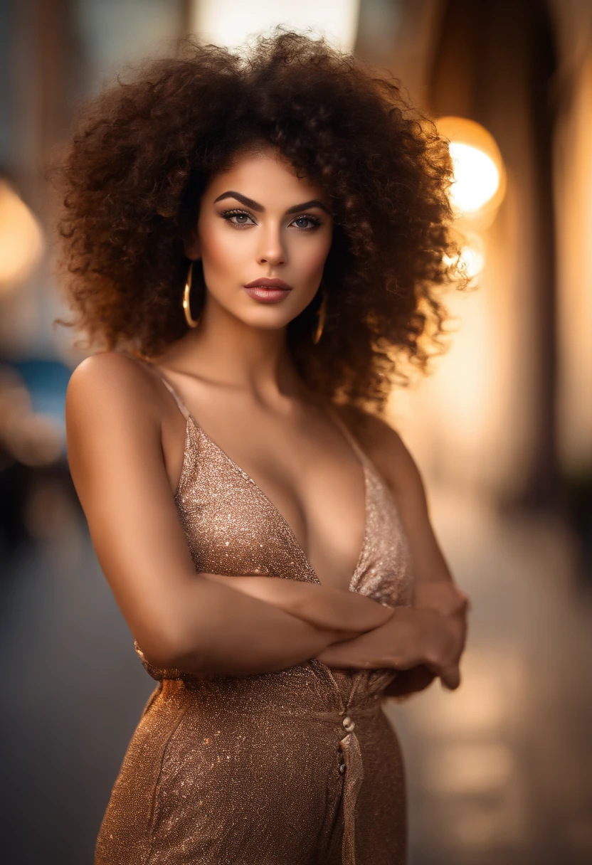 (sharp focus:1.2), photo, attractive young brazilian woman, (beautiful face:1.1), detailed eyes, luscious lips, (cat eye makeup:0.85), (large eyes:1.0), (toned body:1.2), (curly hair:1.2), (curvy body :1.2), wearing (romper:1.2) on a (street:1.2). (moody lighting:1.2), depth of field, bokeh, 4K, HDR. by (James C. Christensen:1.2|Jeremy Lipking:1.1 leggings