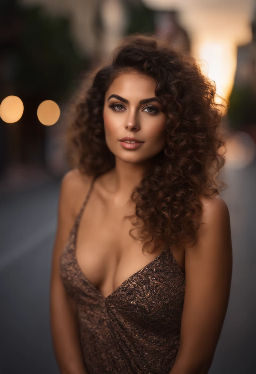 (sharp focus:1.2), photo, attractive young brazilian woman, (beautiful face:1.1), detailed eyes, luscious lips, (cat eye makeup:0.85), (large eyes:1.0), (toned body:1.2), (curly hair:1.2), (curvy body :1.2), wearing (romper:1.2) on a (street:1.2). (moody lighting:1.2), depth of field, bokeh, 4K, HDR. by (James C. Christensen:1.2|Jeremy Lipking:1.1 leggings