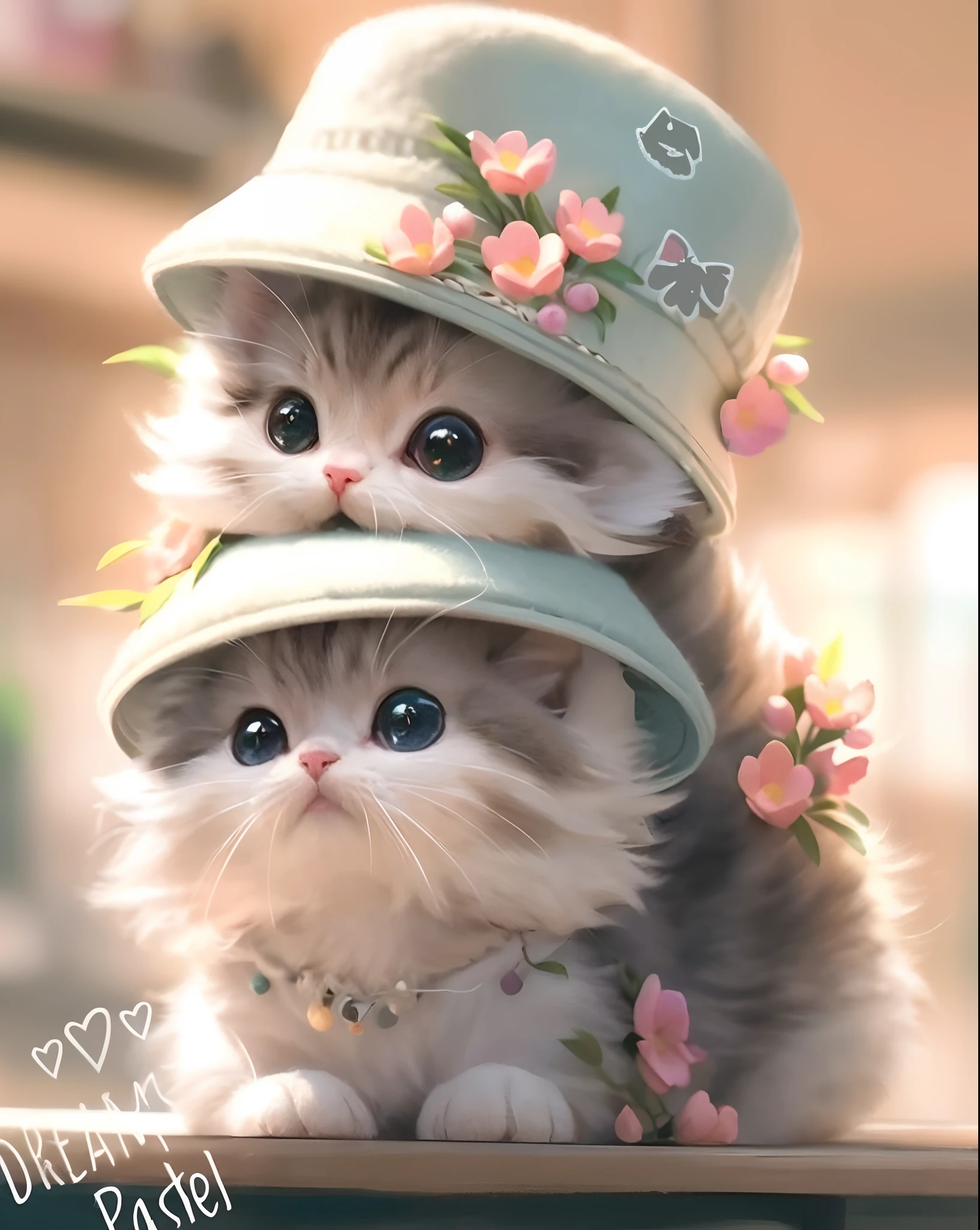 There are two cats wearing hats on the table, Cute hats, adorable digital art, Cute cats, lovely digital painting, cute cute, very beautiful cute catgirl, Cute detailed digital art, Cute and lovely, smol fluffy cat wearing smol hat, Cute kittens, wearing a cute hat, cat with a hat, cute cute, cute detailed artwork