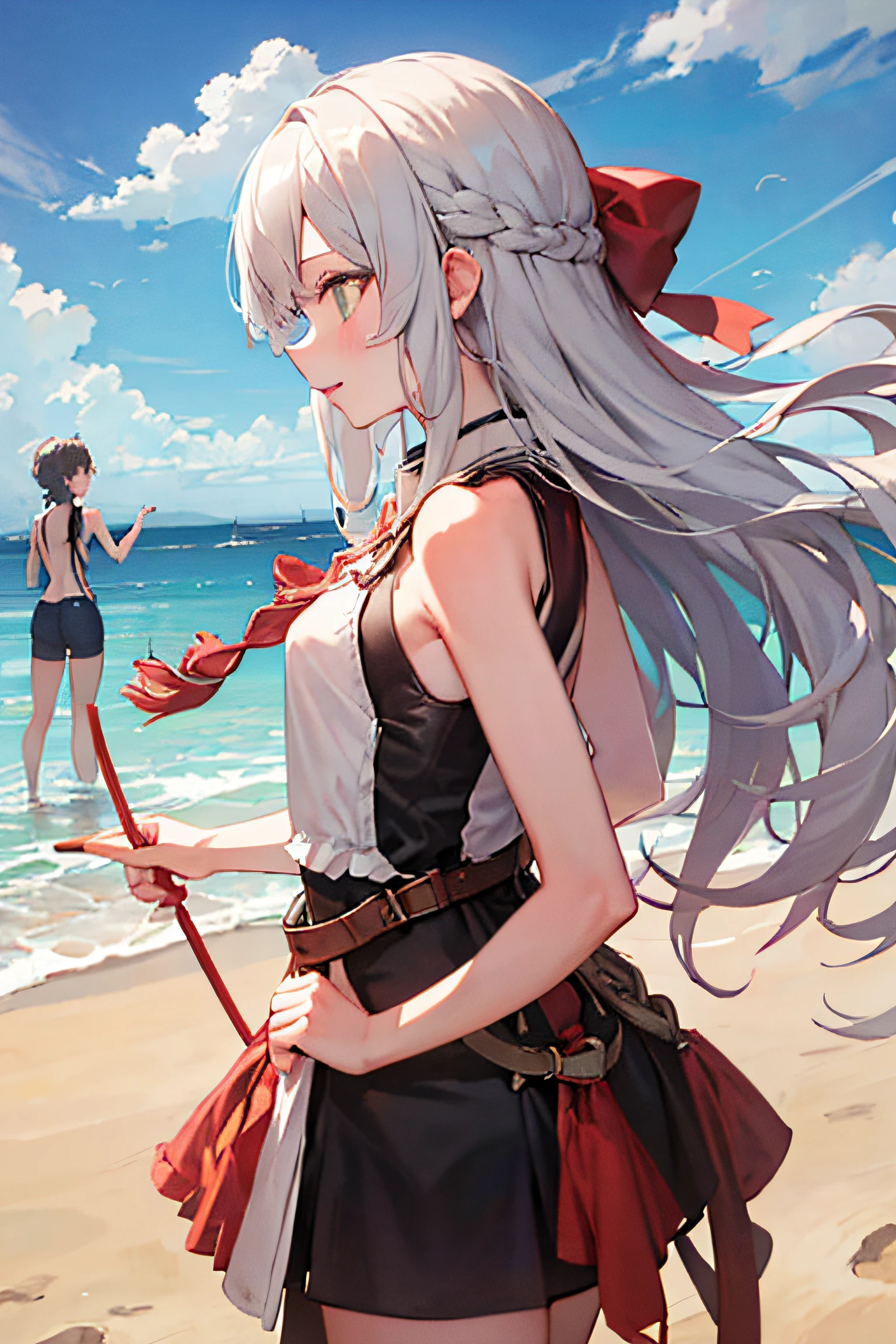 1 girl in, (masutepiece: 1.1), (Best Quality: 1.1), Summery sleeveless mini dress, (Beach: 1.1), From below、Cowboy Shot, Silver hair, Long hair, Green eyes, Side view,