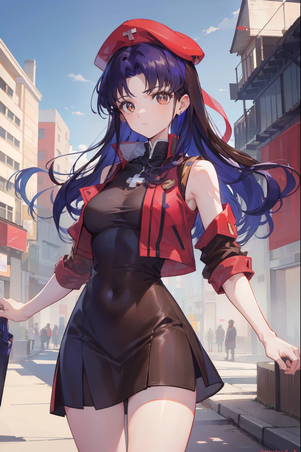 misatokatsuragi, misato katsuragi, long hair, (brown eyes:1.5), blue hair, purple hair,
BREAK hat, dress, bare shoulders, jewelry, jacket, earrings, open clothes, sleeveless, necklace, black dress, open jacket, sleeveless dress, beret, short dress, cross, red headwear, red jacket, cross necklace,
BREAK looking at viewer,
BREAK outdoors, city,
BREAK (masterpiece:1.2), best quality, high resolution, unity 8k wallpaper, (illustration:0.8), (beautiful detailed eyes:1.6), extremely detailed face, perfect lighting, extremely detailed CG, (perfect hands, perfect anatomy),