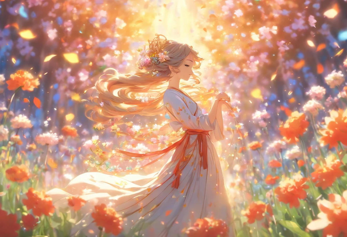 A fantastic illustration set in a vast and colorful flower field that spreads out as far as the eye can see. In the center of this flower-filled landscape, Depict a beautiful priestess in an elegant robe. She sits gracefully in front of a grand piano, Her fingers dancing on the keyboard. A breeze stirs her hair and robes, And the petals from the surrounding flowers are caught in the wind, Swirling around her. Sunlight shines softly, Her calm expression immersed in music. The whole scene should exude ethereal beauty and tranquility,