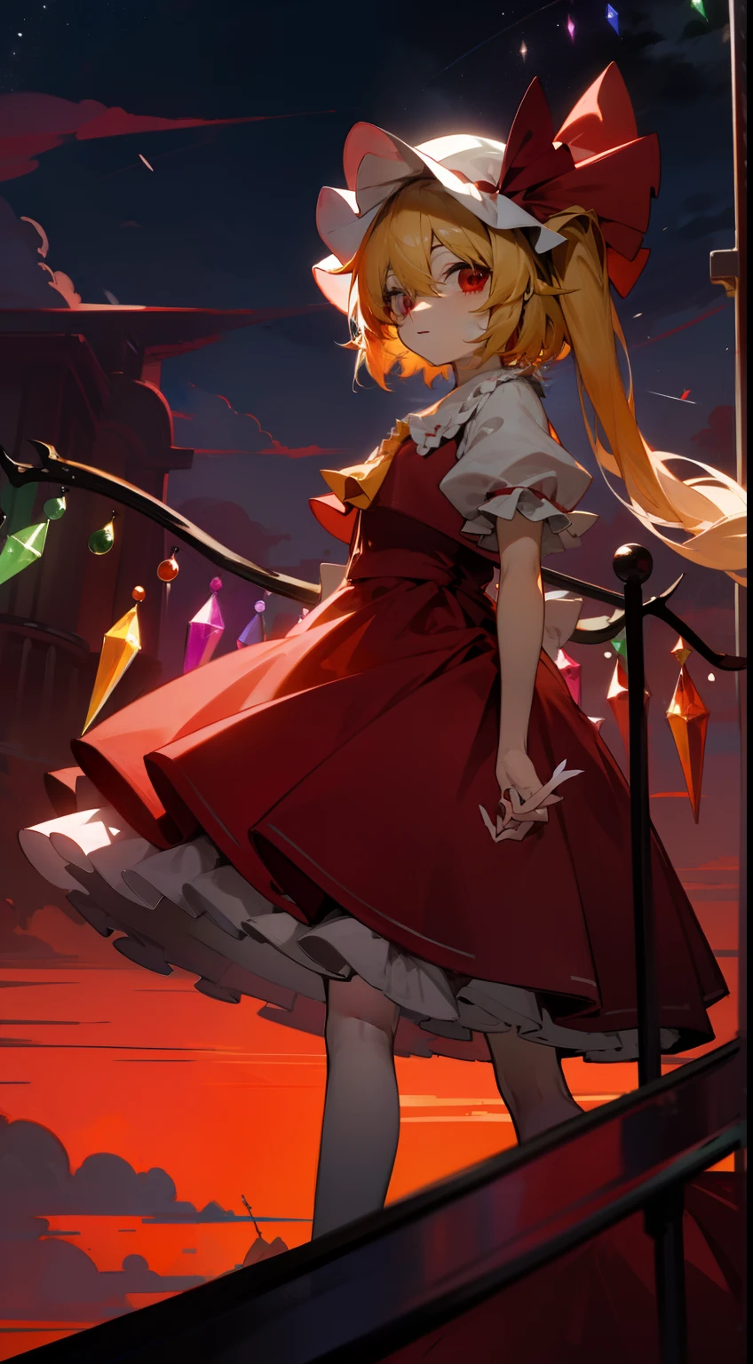 Flandre Scarlet Sky hat stands looking into the camera night