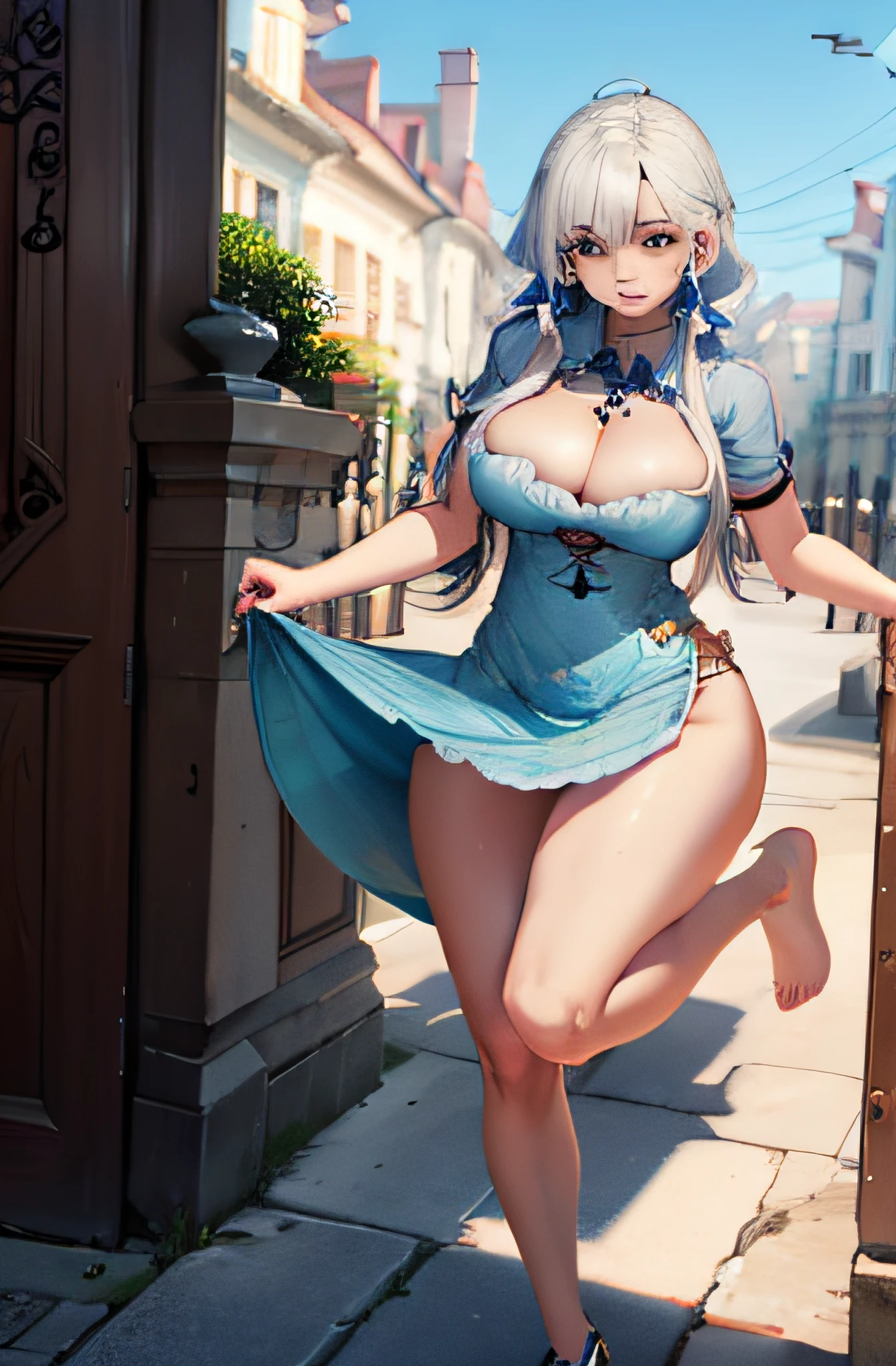 illustrious (maiden lily's radiance) (azur lane);
jumping in front of a huge gate in the front of a elegant and harmoniac mansion, with her arms lift up, wearing a short and sexy blue and white dress, her feet are bare; young female; long platinium hair; hair accessory; earings; thin necklace; large breasts; cleavage; bare legs; shaped thighs; barefoot; blue and white dress; short dress; sexy dress; near a gate; mansion; morning light; sunlight; ethereal; looking at viewer; seductive anime girl; seductive look; sexy pose; full body; (full body shot:1.1); beautiful detailed eyes; beautiful detailed girl; curvy:1.1; dynamic pose; fashion clothing with diverse colors; perfect eyes; perfect face; perfect retina; perfect hands; perfect fingers; perfect feet; perfect toes; ultra detail face; ultra detail hair; very detailed eyes and face; ambient occlusion; cinematic lighting; field of view; fluid motion; harmony; interconnected elements; movie lighting; photorealistic lighting; realistic shadows; (vibrant colors:1.05); vivid lighting; warm and cool color palette; amazing; solo; trending on artstation pixiv; 8k wallpaper; best quality; CG; detailed painting; fine detail; (High Quality:1.4); high resolution; huge file size; illustration; Intricate Details; masterpiece; (photorealistic:1.4); professional artwork; (raw photo:1.2); reflective art; sharp focus; super detailed; unified; very detailed; extremely detailed artgerm; (nsfw) Not Safe For Work; from Azur Lane; Azur Lane Style; based on 梦咲枫 artworks;