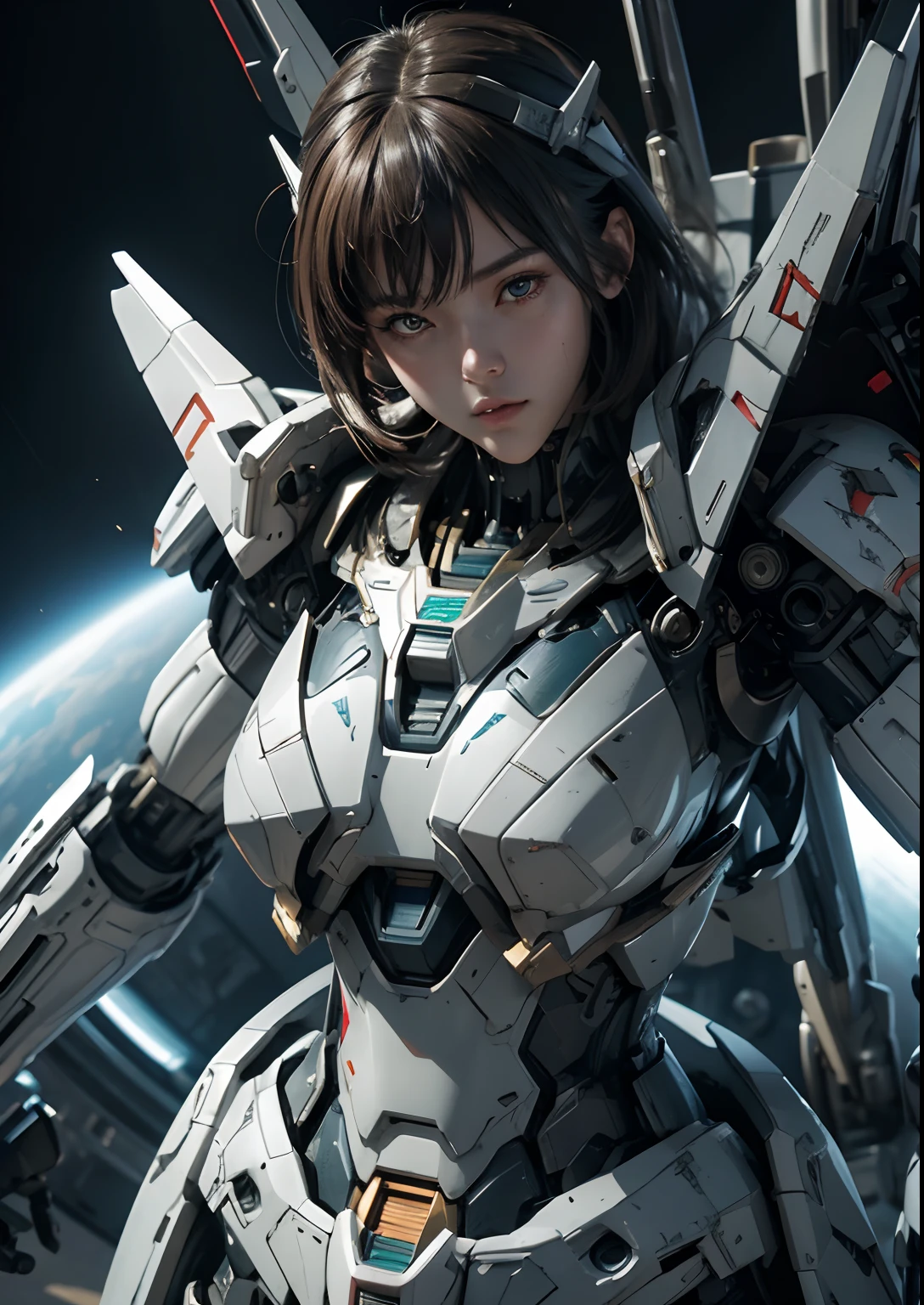Textured skin, Super Detail, high details, High quality, Best Quality, hight resolution, 1080p, hard disk, Beautiful,(Gundam),beautiful cyborg woman,Mecha Cyborg Girl,Battle Mode,Girl with a Mecha Body,She wears a futuristic Gundam mecha,Fulll body Shot