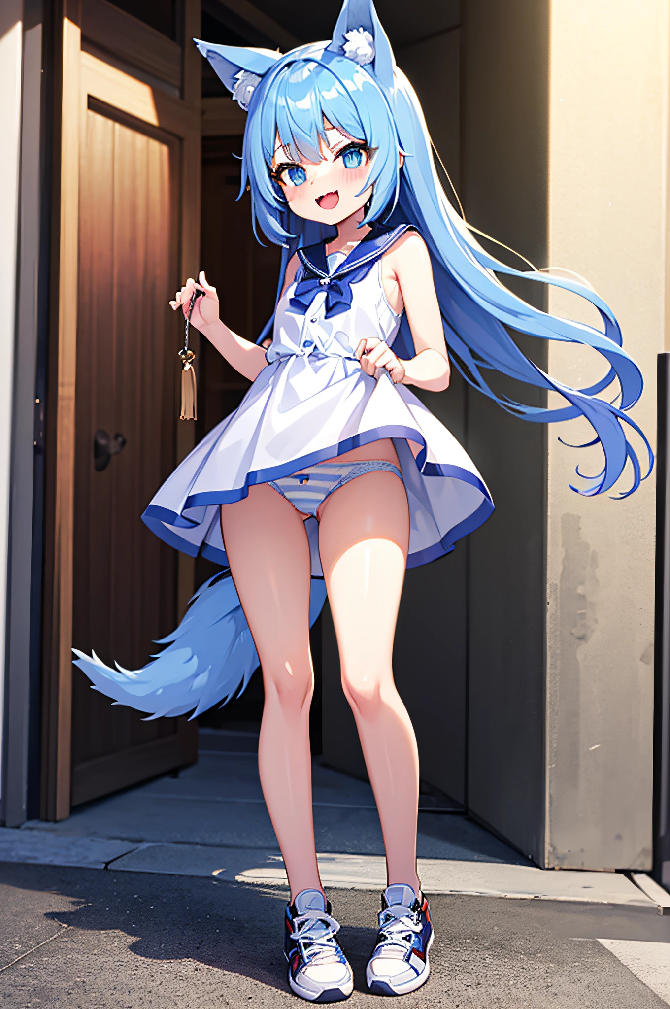 Super ultra happy cute , with wolf ears and blue hair, holding her cheeks, wolf tail, wearing a white summer dress, looking at veiwer, full body, upskirt, striped blue and white panties, sneakers