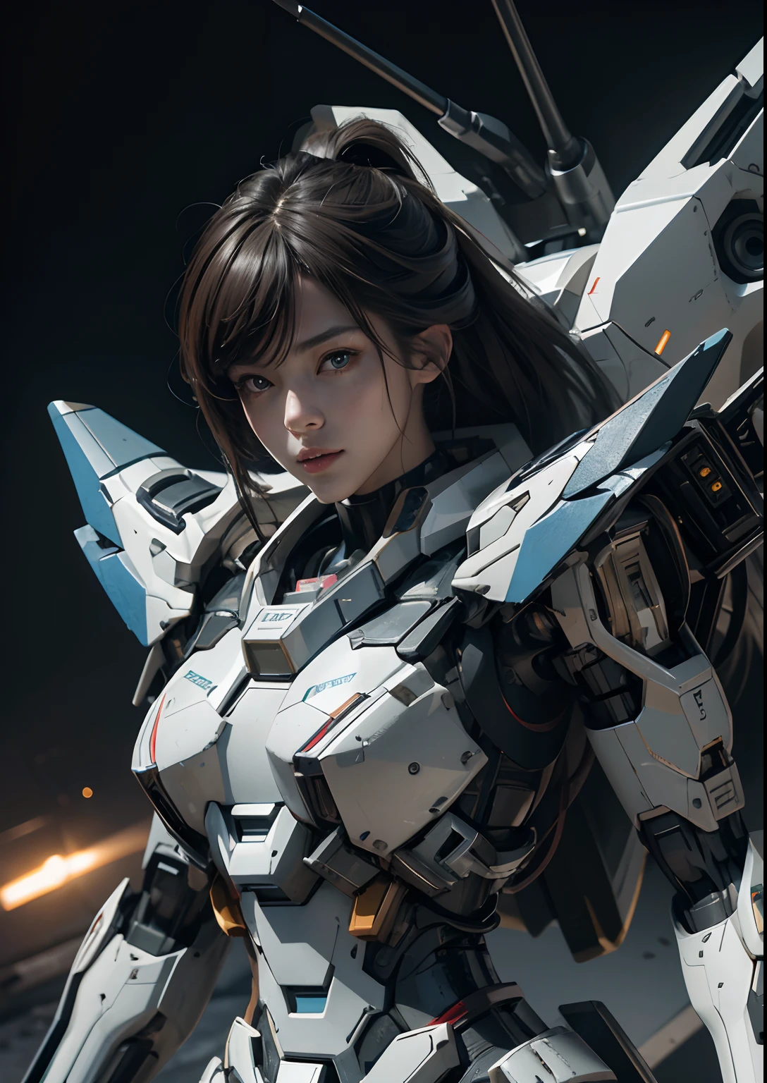 Textured skin, Super Detail, high details, High quality, Best Quality, hight resolution, 1080p, hard disk, Beautiful,(Gundam),beautiful cyborg woman,Mecha Cyborg Girl,Battle Mode,Girl with a Mecha Body,She wears a futuristic Gundam mecha,Fulll body Shot