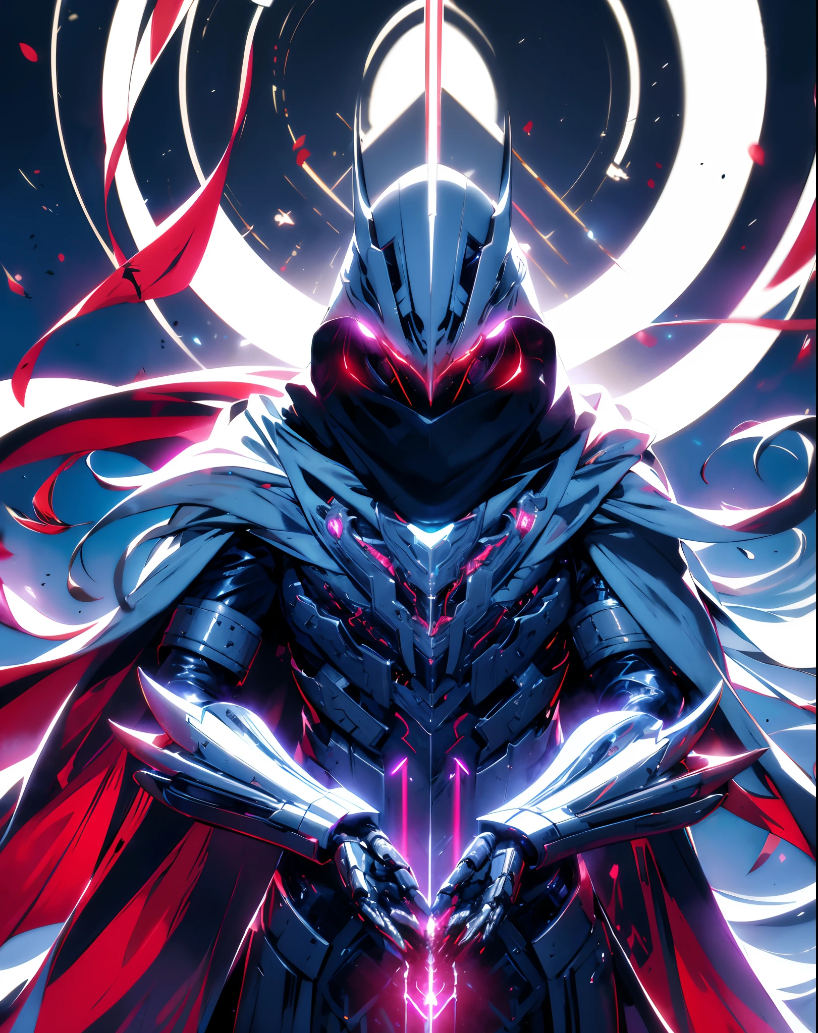 realistic,shiny,reflective,bioluminic, galactic cybernetic mask,mecha,(assassin:1.2),((((scarf,long cloak)))),sh4g0d,GlowingRunes_red,fullbody,cinemnatic,dark background,backlight,high contrast,