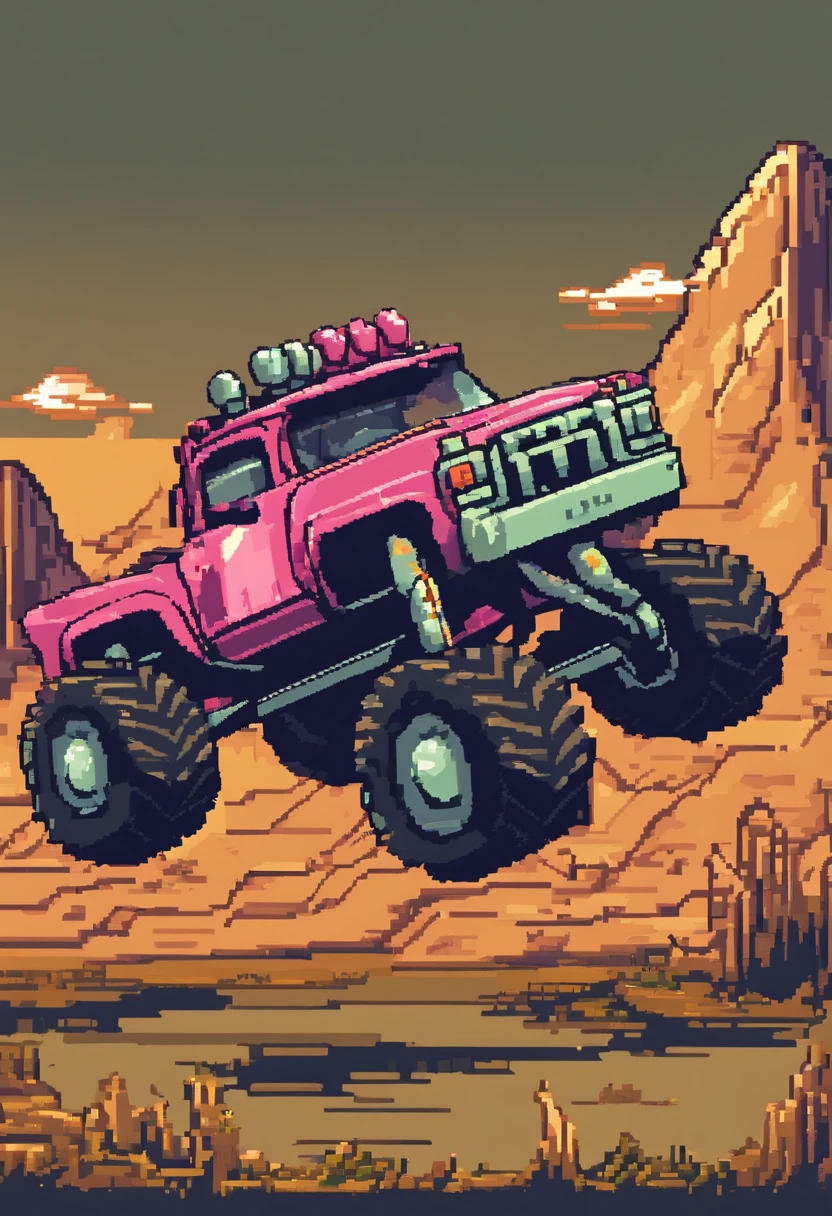 Pixel art frog driving a monster truck. game.