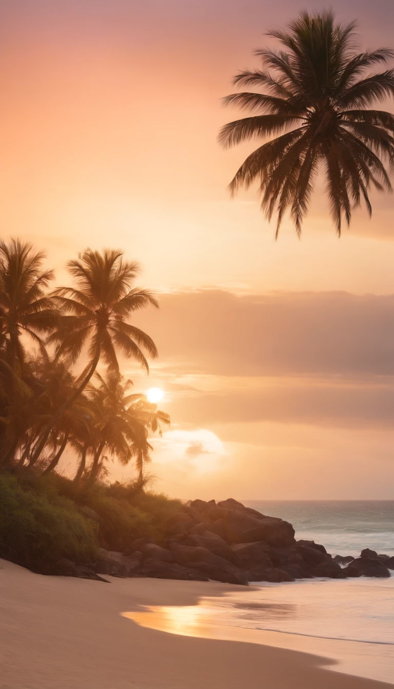 Paisagem praiana tropical , ((tropical)), ((8k)), ((super realista)), ((por do sol)) ,((palm tree)), ((beach))