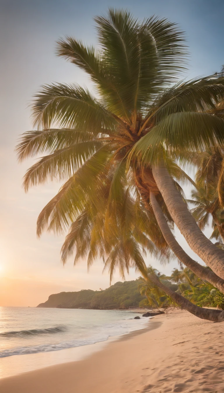 Paisagem praiana tropical , ((tropical)), ((8k)), ((super realista)), ((por do sol)) ,((palm tree)), ((beach))