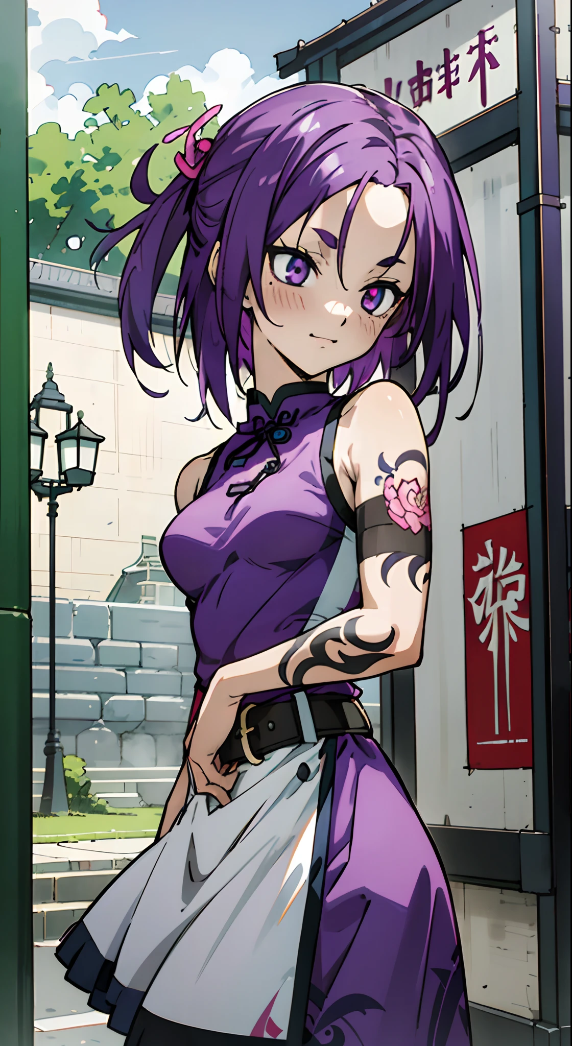masutepiece, Best Quality, Ultra-detailed, Colorful,Up-close, Hyper-detailing,purple color hair, Ultra-realistic hair quality, Vibrant colors, Beautuful Women, Beautiful shoulder-length hair, Shiny hair, Hair Ornament, Flower hair ornament, detailed hairs, Reo Mikage, Blue Lock, no sleeves, Camisole and cheongsam, chinese clothes, Chest exposure, Lace underwear, Metamorphosis is exposed, Choker, Black Choker, arm warmer, Race Arm Warmer, Relative area, a belt, The tattoo, arm tattoos, Dragon tattoo, body tattoo, hand tattoo, Sexy breasts, Big breasts, red blush, 1girl in, Solo, Sharp face, Heterochromia, Green eyes, Purple eyes, Bare neck, Happy face, rays of sunshine, Beautiful sky, shining sky, Shanghai Village, castle