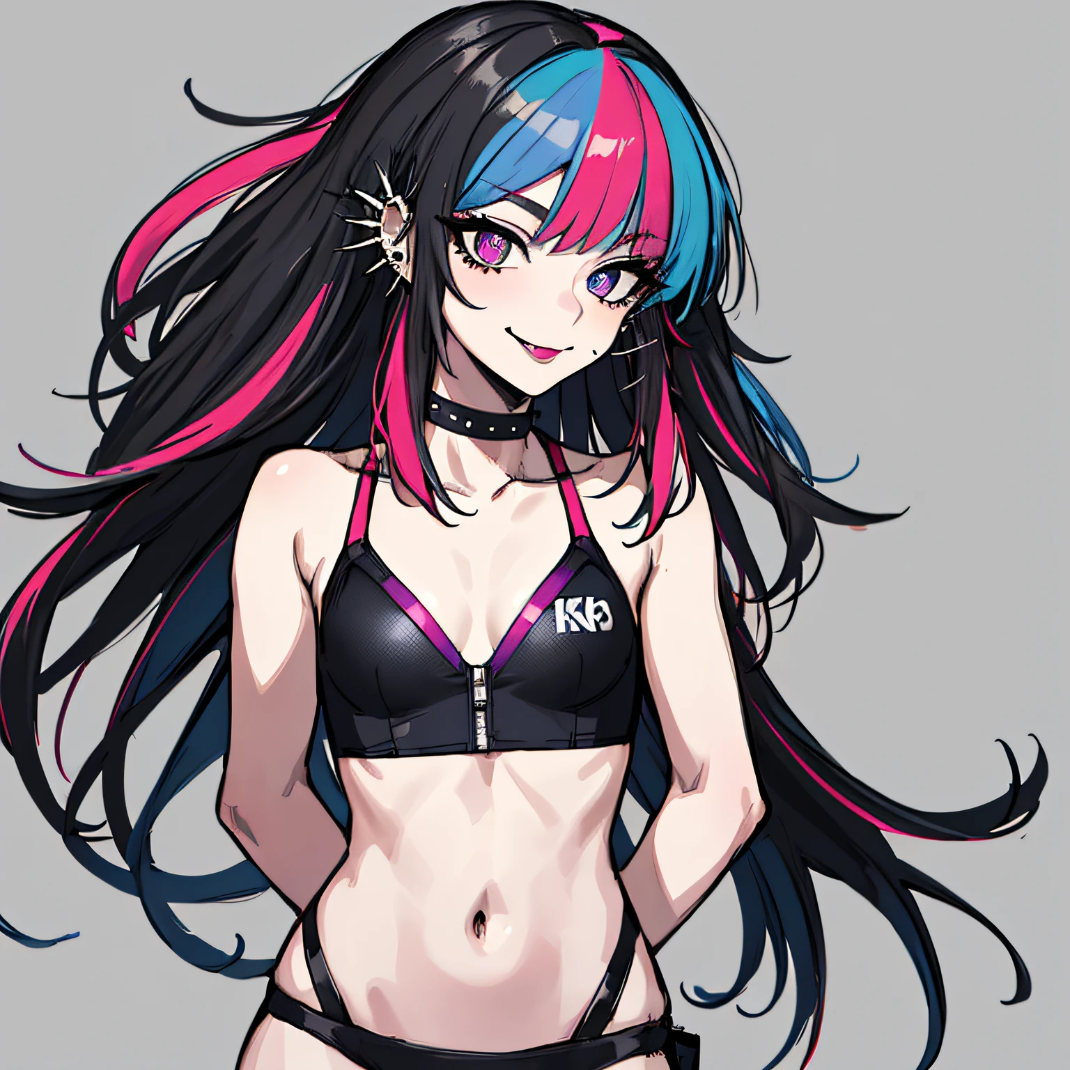 (absurdres, 8k, 4k, masterpiece, hyper extreme detailed:1.2), solo, 1girl, front view, perfect face, 1girl, portrait, expressive eyes, solo, standing, Female, perfect hands, pale skin, friendly, excited, punk rock, Long Hair, Multicolored Hair, black choker, black lipstick, Piercings, Ear Piercings, Lip Piercings, Nose Piercings, small Bust, smile, swimsuit, multicolored swimsuit, swimwear, bikini, half body, perfect anatomy, hands in pockets, anatomically correct, cowboy shot, no background, empty background, arms behind back, covered chest, white background, exposed shoulder,