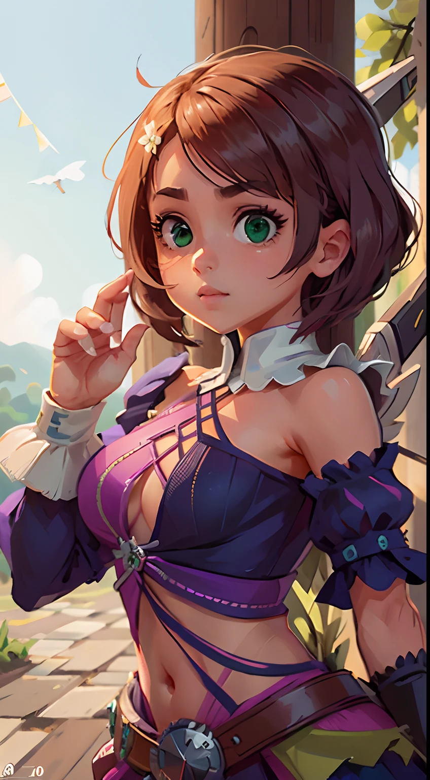Alisa Rosto bonito, Symmetrical perfect green eyes, cabelo curto rosa multicor, mechanical wings, Tekken Summer, Qualidade perfeita, foco claro (desordem - casa: 0.8), (obra-prima: 1.2) (Realista: 1.2) (Bokeh) (Melhor qualidade) (Pele detalhada: 1.3) (Detalhes intrincados) (8K) (Olhos de detalhe) (foco nítido), (Feliz)