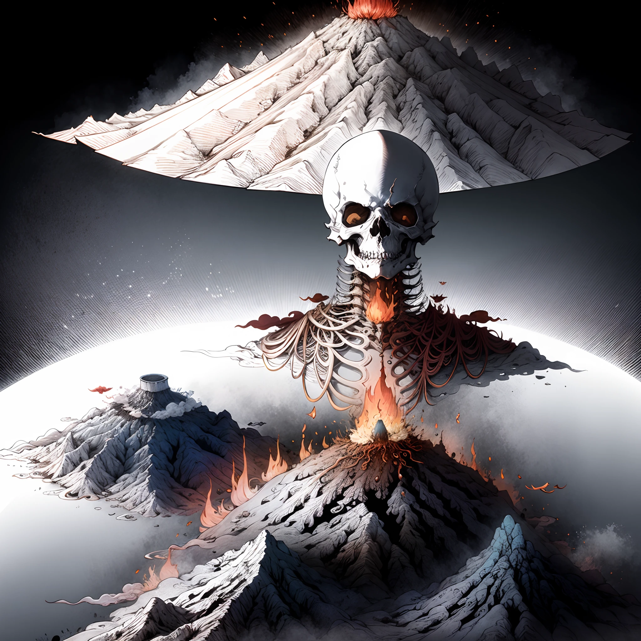 boy，Back Shadow，skeleton head，Beside a volcano，There are still people in front of the volcano，Ultra HD 8K