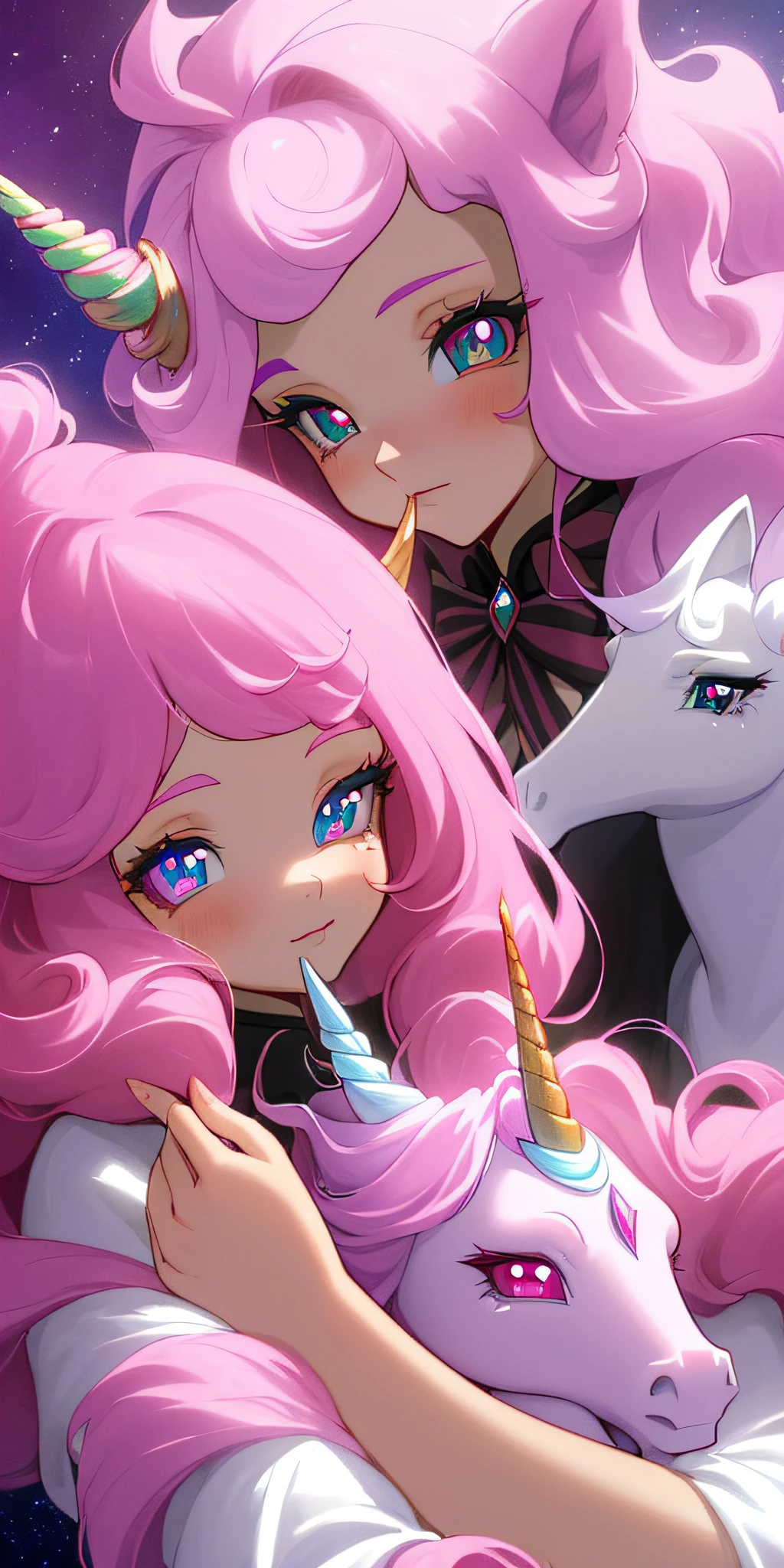 (tmasterpiece,best qualityer,high detal,high qulity,high high quality)Unicorn anthropomorphism,femele,Beautuful Women,Pink hair,Colored pupils,On your own,Unicorn in hand,symetrical eyes,A half body