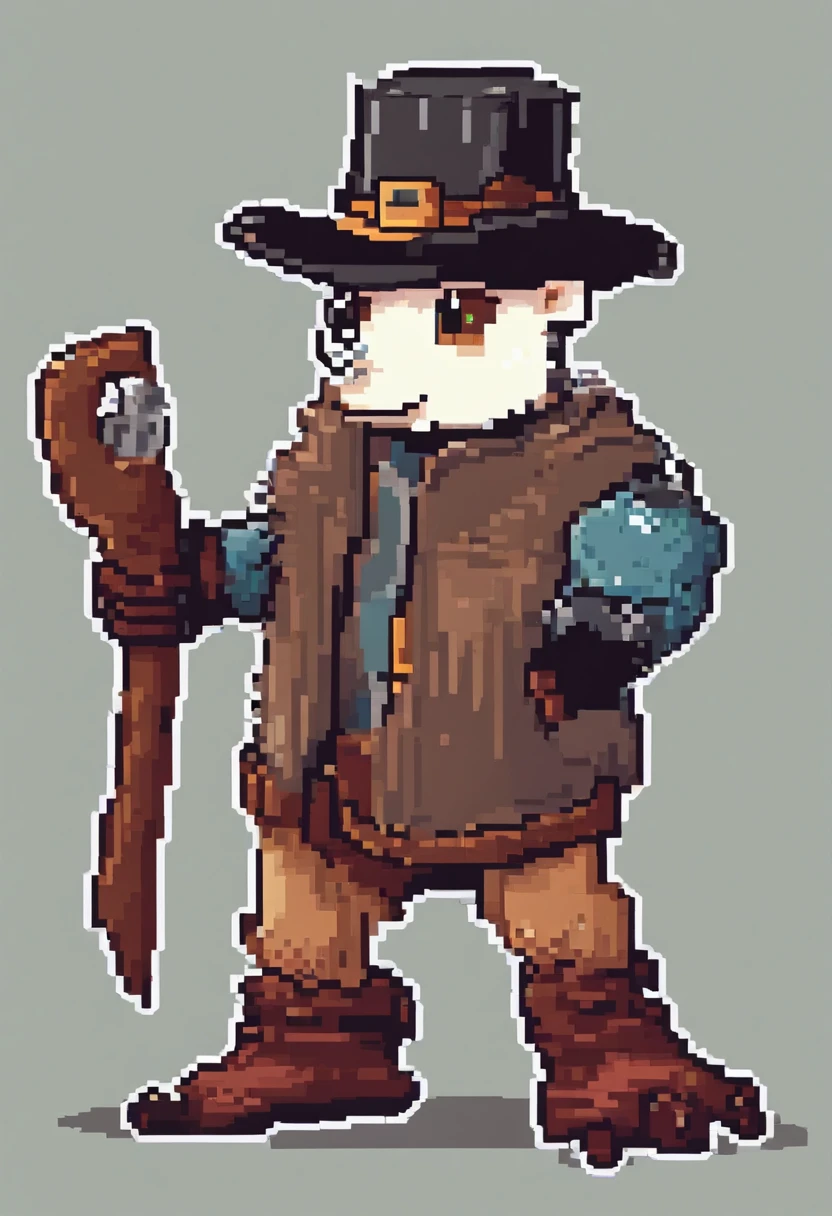 A chibi male character in dark brown and black gunslinger attire from a wild west fantasy, wielding twin pistols. He has wolf ears and a tail, glowing silver eyes, and small demon-like horns. The pistols glow with a shadow effect, and he is in a dynamic shooting pose. The scene features cinematic lighting and moody colors, in a detailed digital art, concept art style.