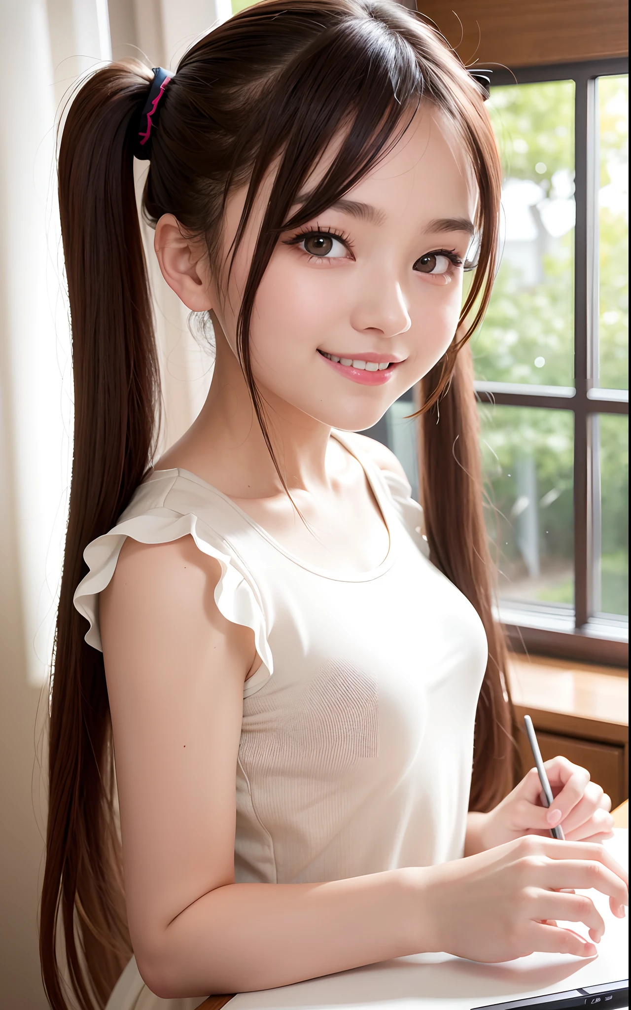 12 years old , Put your hair up, super big Put your hair up, White Body Tight T-Shirt, Body tight shirt, (smile:1.2), Background Library, (Realistic:1.2), (Ultra-realistic:1.3), (Very detailed:1.1), ((masterpiece)), Super large round breasts, Mega Big Under T-shirt, Wet T-shirt, See through, Nipples, Wearing very short gym shorts