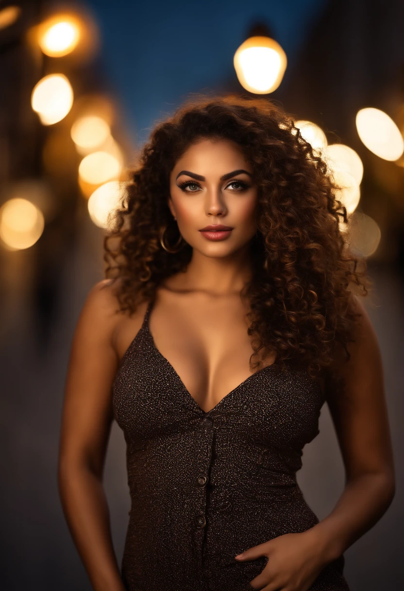 (sharp focus:1.2), photo, attractive young brazilian woman, (beautiful face:1.1), detailed eyes, luscious lips, (cat eye makeup:0.85), (large eyes:1.0), (toned body:1.2), (curly hair:1.2), (curvy body :1.3), wearing (romper:1.2) on a (street:1.2). (moody lighting:1.2), depth of field, bokeh, 4K, HDR. by (James C. Christensen:1.2|Jeremy Lipking:1.1 leggings : 1.2 boobs 1.3