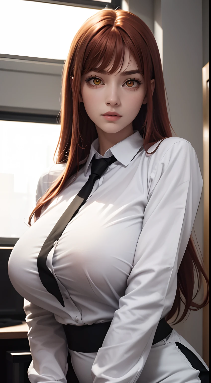 (best quality, masterpiece, colorful, dynamic angle, highest detailed) upper body photo, happy, (Makima from chainsawman), fashion photography of cute (red long hair) girl (Stunning mature woman), ((massive gigantic breasts)), dressing high detailed office Makima suit, white shirt black tie(high resolution textures), in dynamic pose, bokeh, (intricate details, hyperdetailed:1.15), detailed, sunlight passing through hair, office background, (official art, extreme detailed, highest detailed),