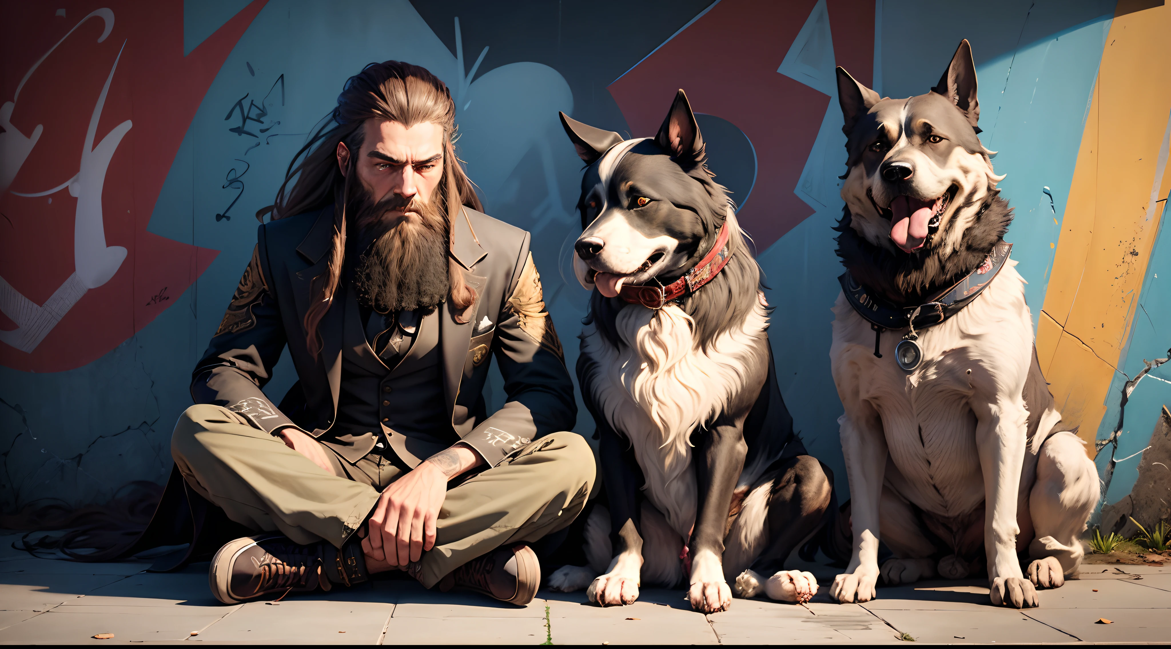 A long beard man with dredlock hair, sitting,suit, a dog, graffiti wall, cinematic, full detailed, hyper realistic face, masterpiece, hyper detailed